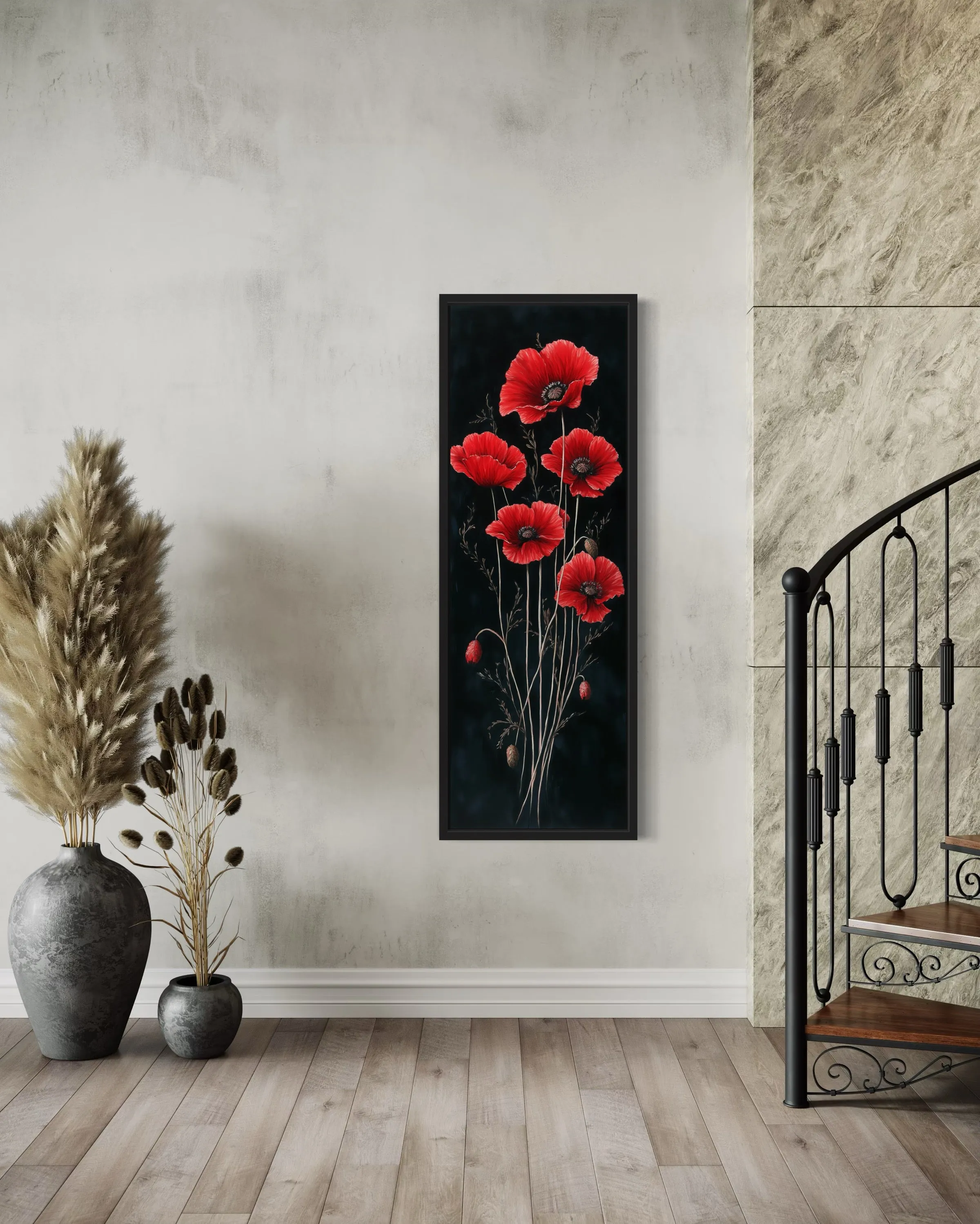 Long Narrow Red Poppies On Black Background Vertical Framed Canvas Wall Art