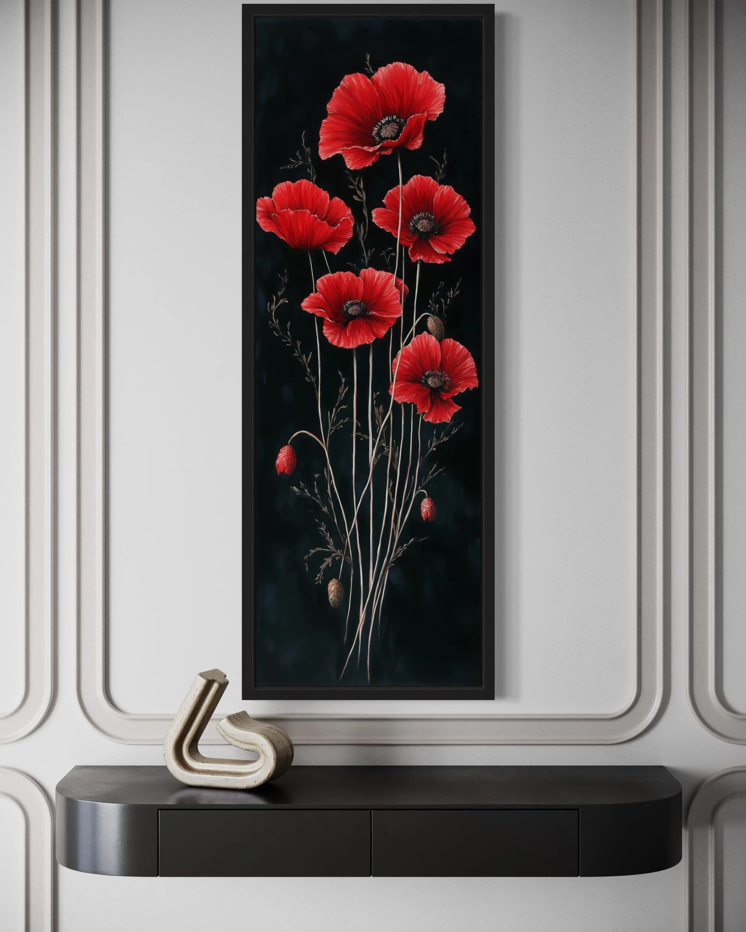 Long Narrow Red Poppies On Black Background Vertical Framed Canvas Wall Art