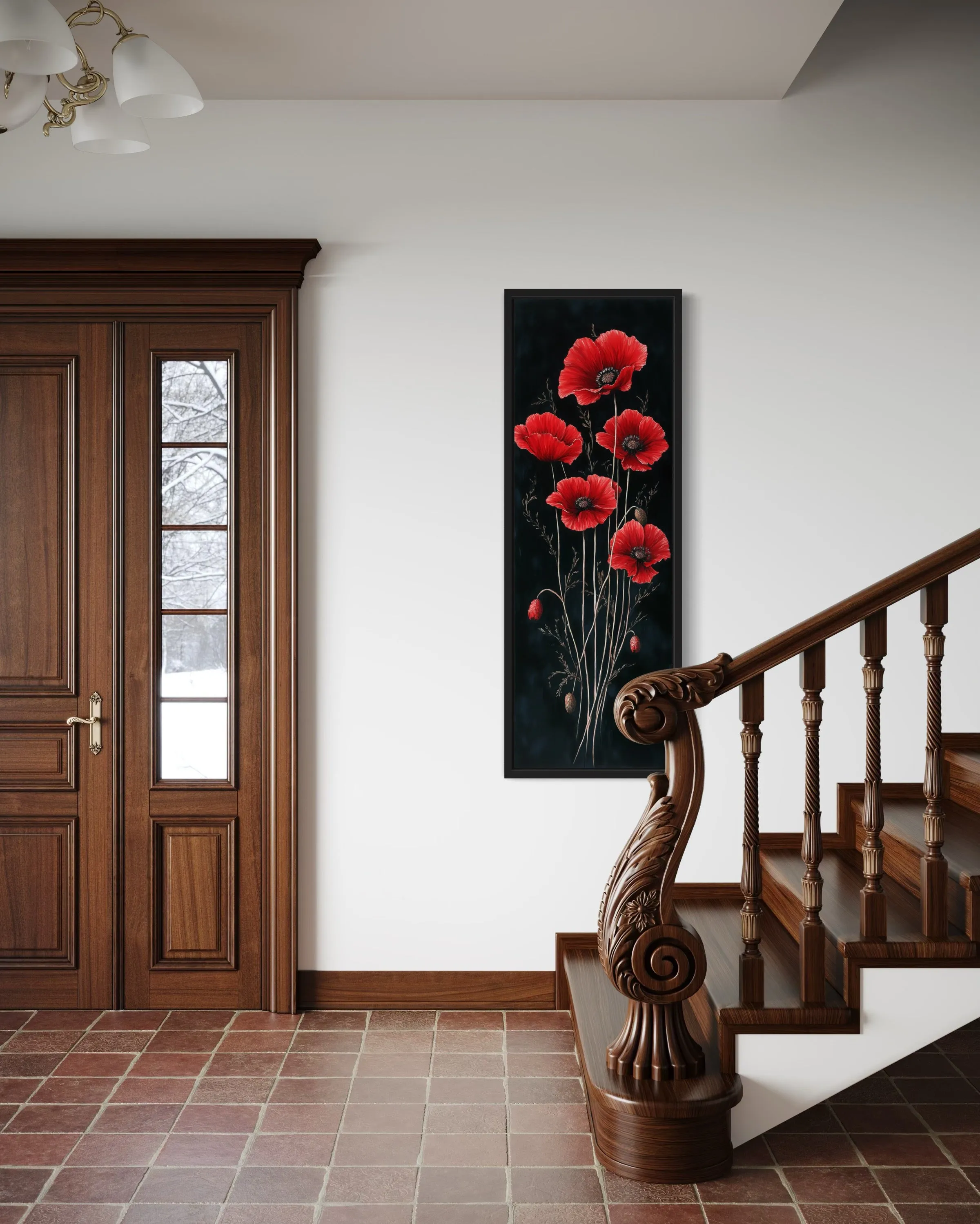 Long Narrow Red Poppies On Black Background Vertical Framed Canvas Wall Art
