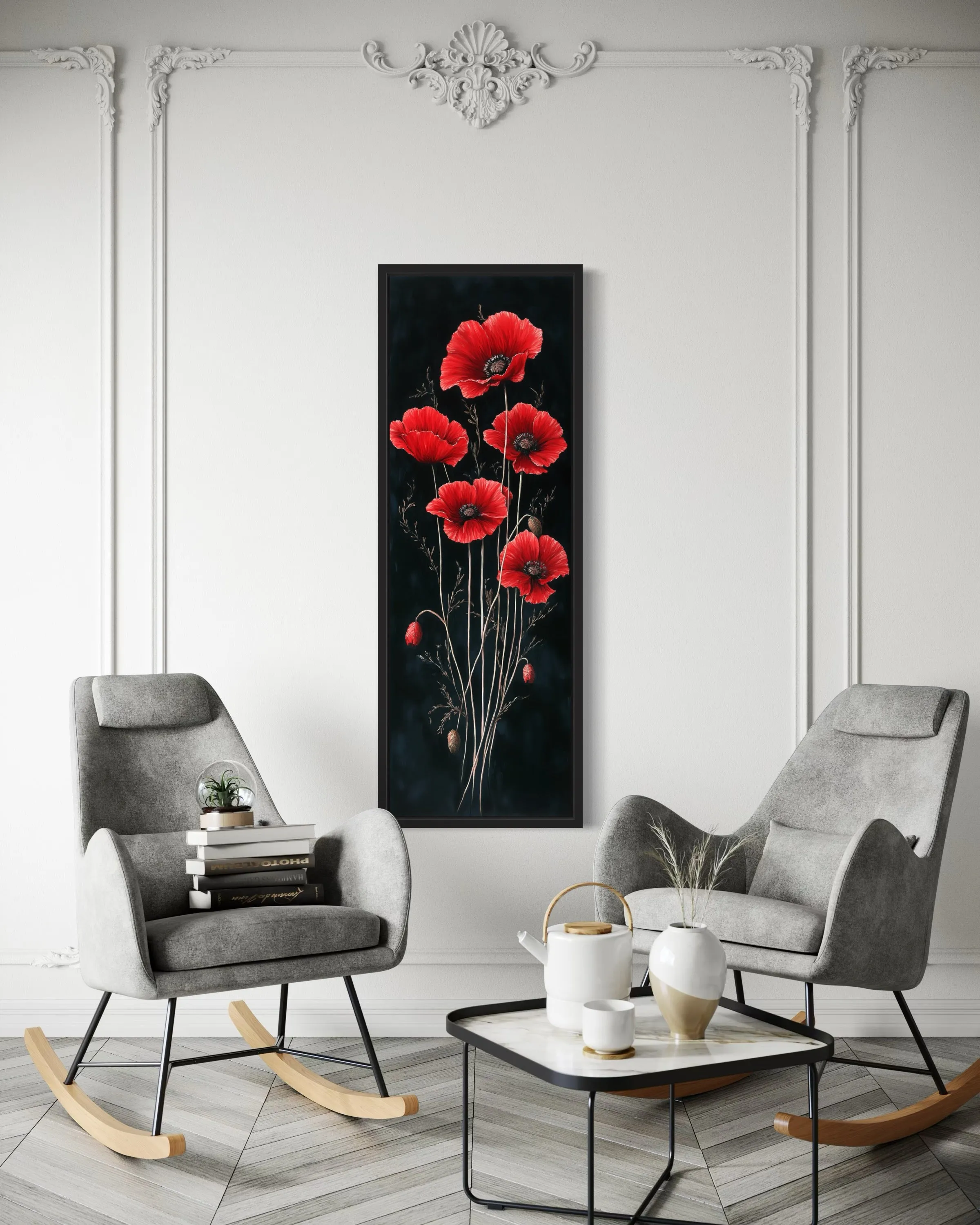 Long Narrow Red Poppies On Black Background Vertical Framed Canvas Wall Art