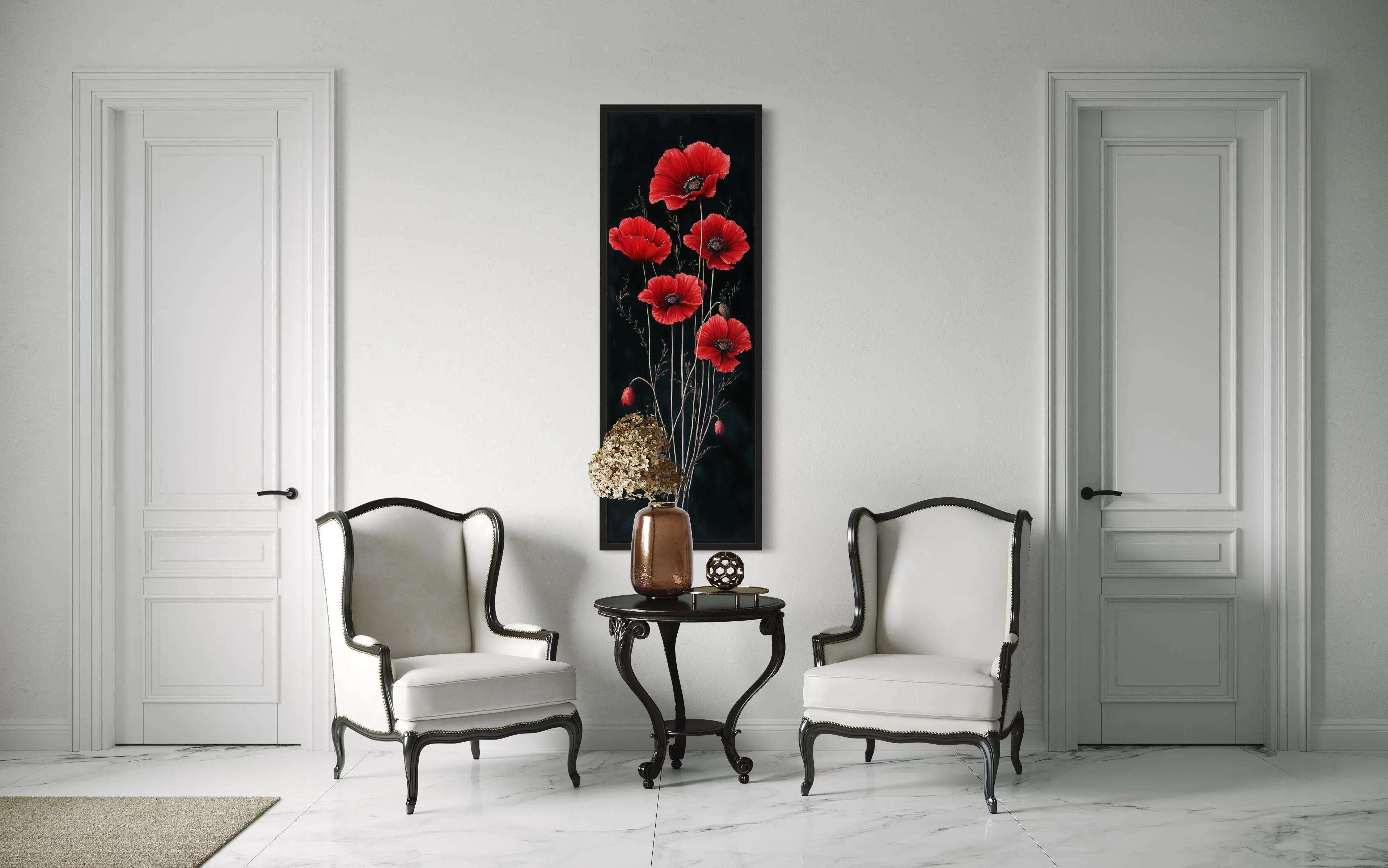 Long Narrow Red Poppies On Black Background Vertical Framed Canvas Wall Art