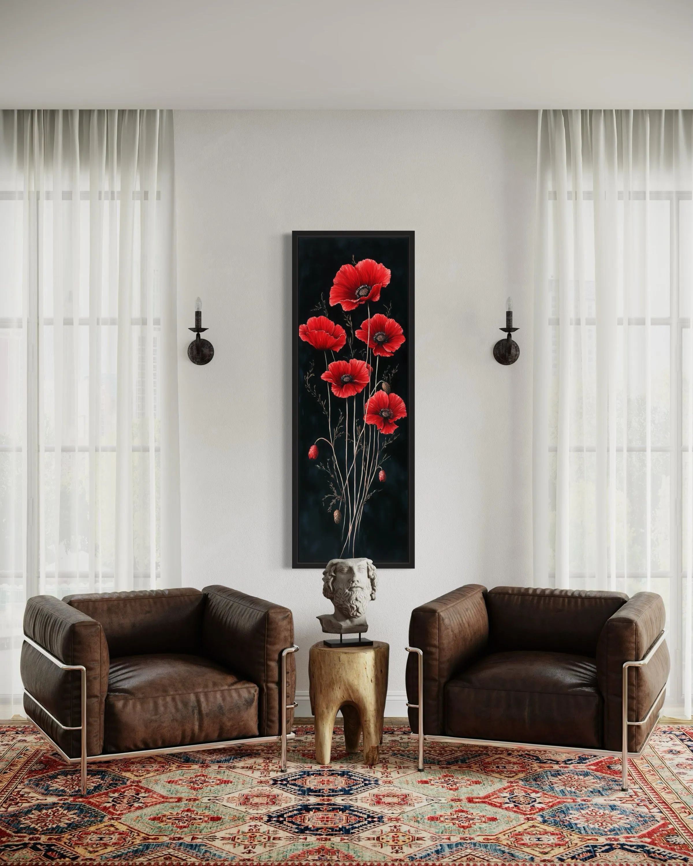 Long Narrow Red Poppies On Black Background Vertical Framed Canvas Wall Art