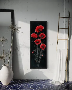 Long Narrow Red Poppies On Black Background Vertical Framed Canvas Wall Art