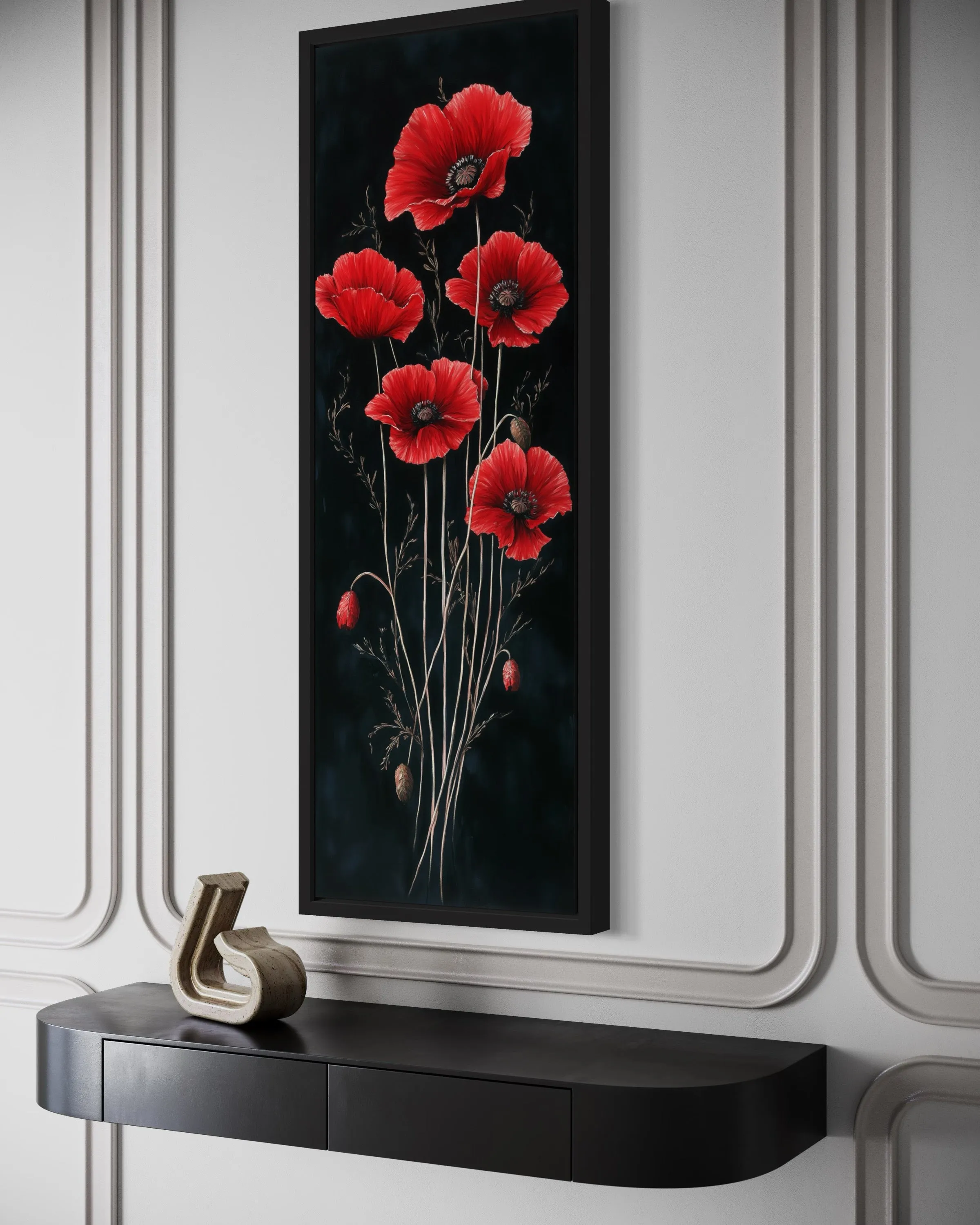 Long Narrow Red Poppies On Black Background Vertical Framed Canvas Wall Art