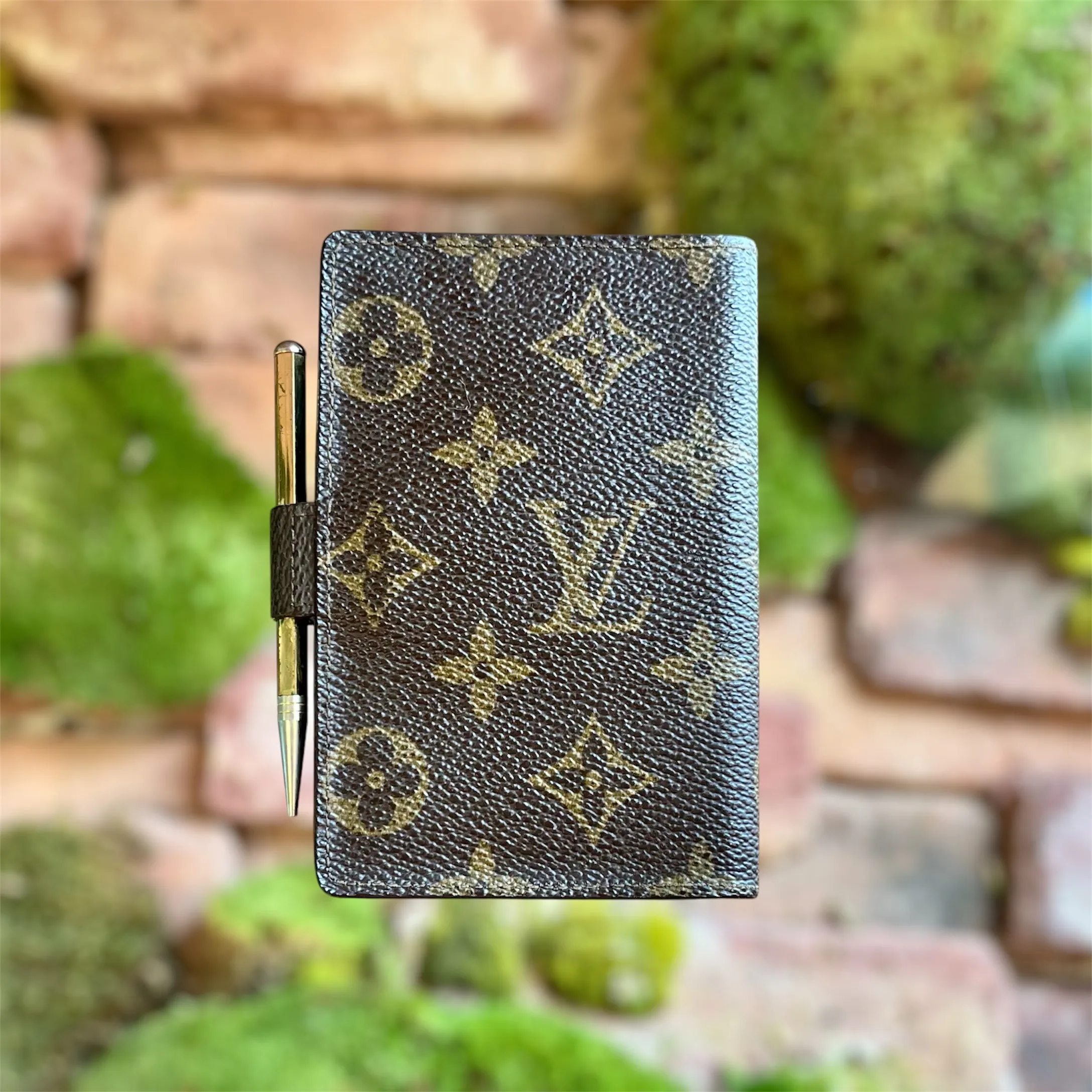 LOUIS VUITTON Brown Monogram Canvas Vintage Mini Notebook Cover and Pen TS3897