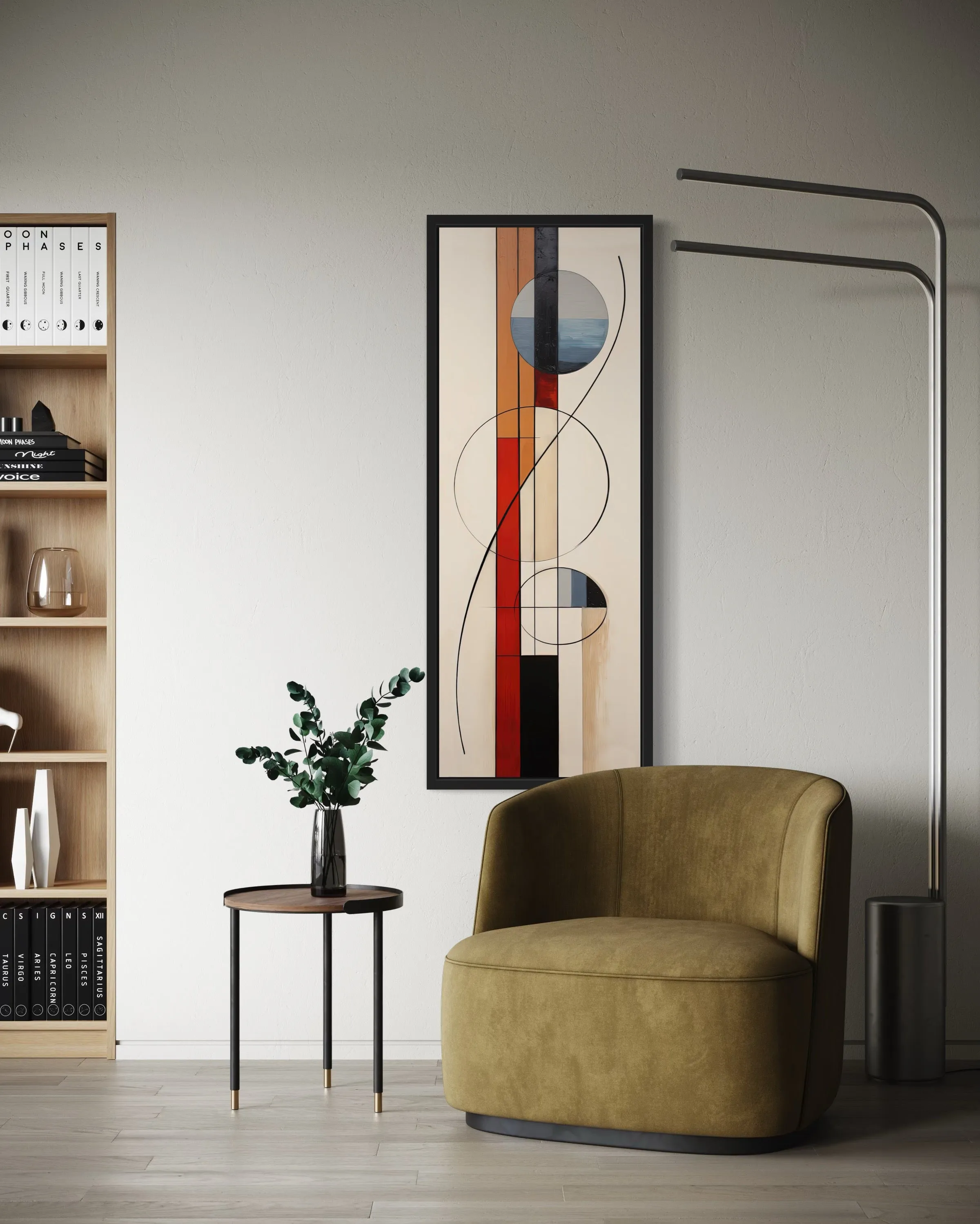 Mid Century Modern Beige Red Blue Geometric Tall Narrow Framed Canvas Wall Art