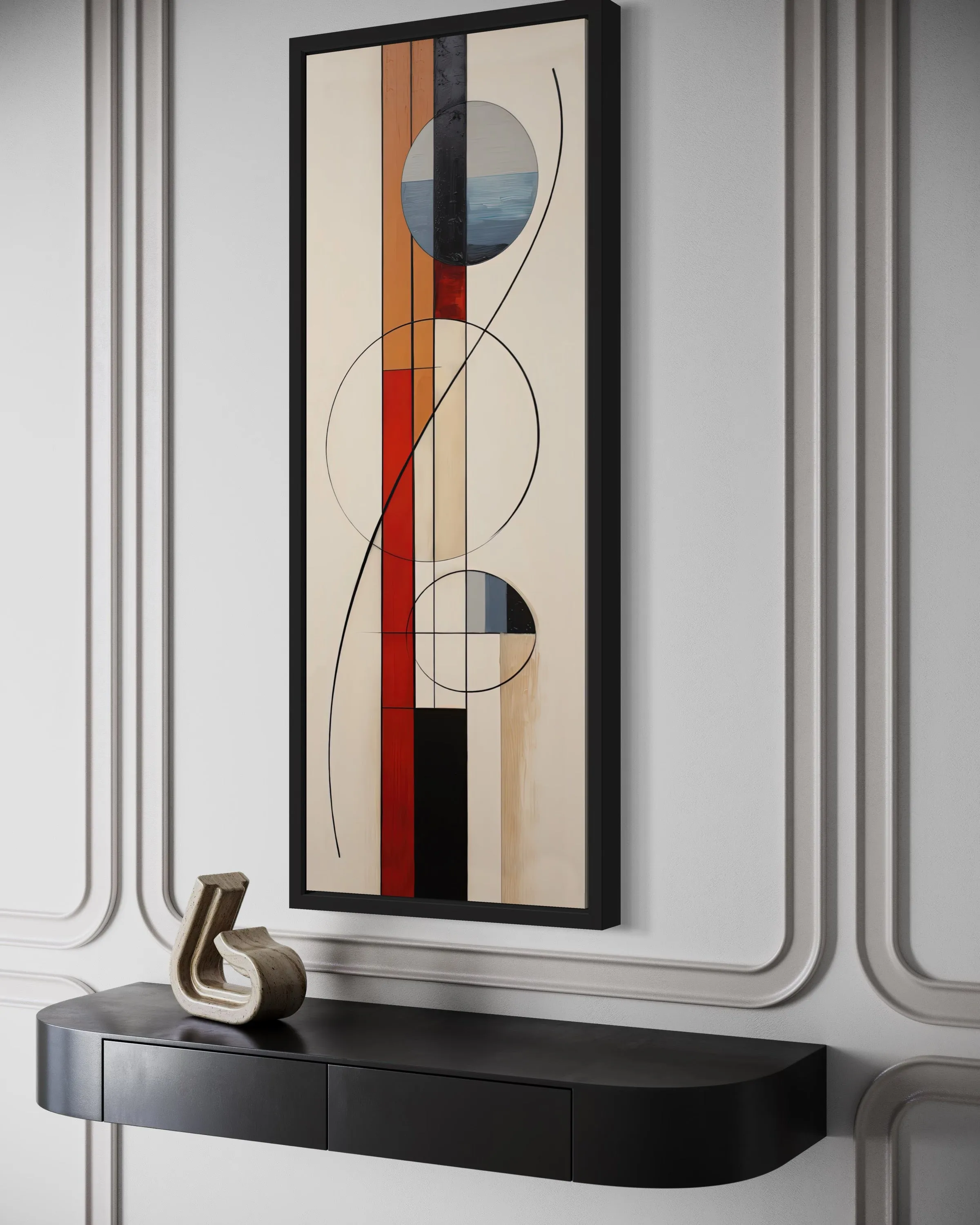 Mid Century Modern Beige Red Blue Geometric Tall Narrow Framed Canvas Wall Art