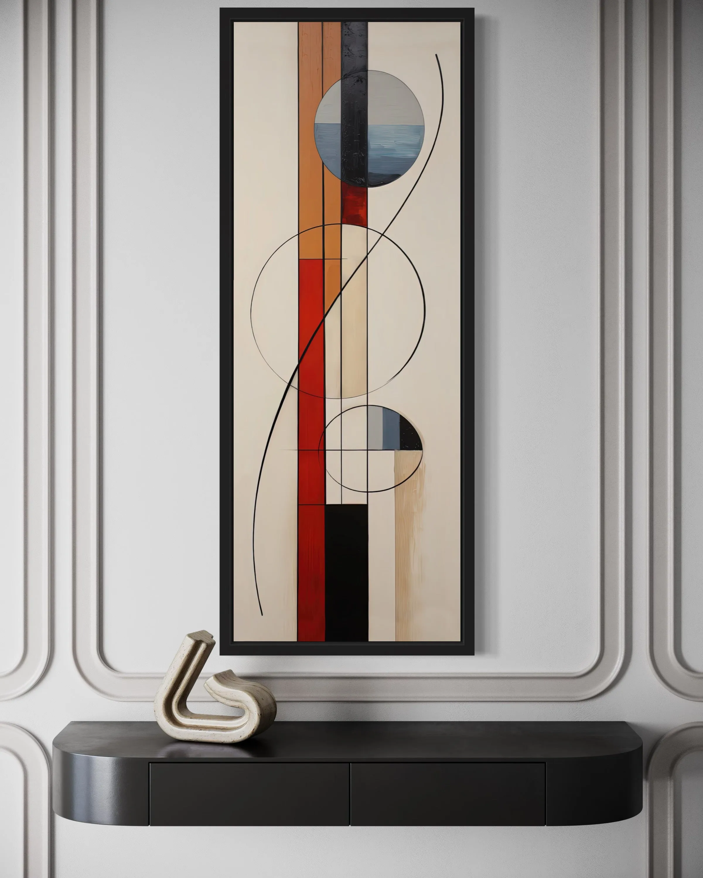 Mid Century Modern Beige Red Blue Geometric Tall Narrow Framed Canvas Wall Art