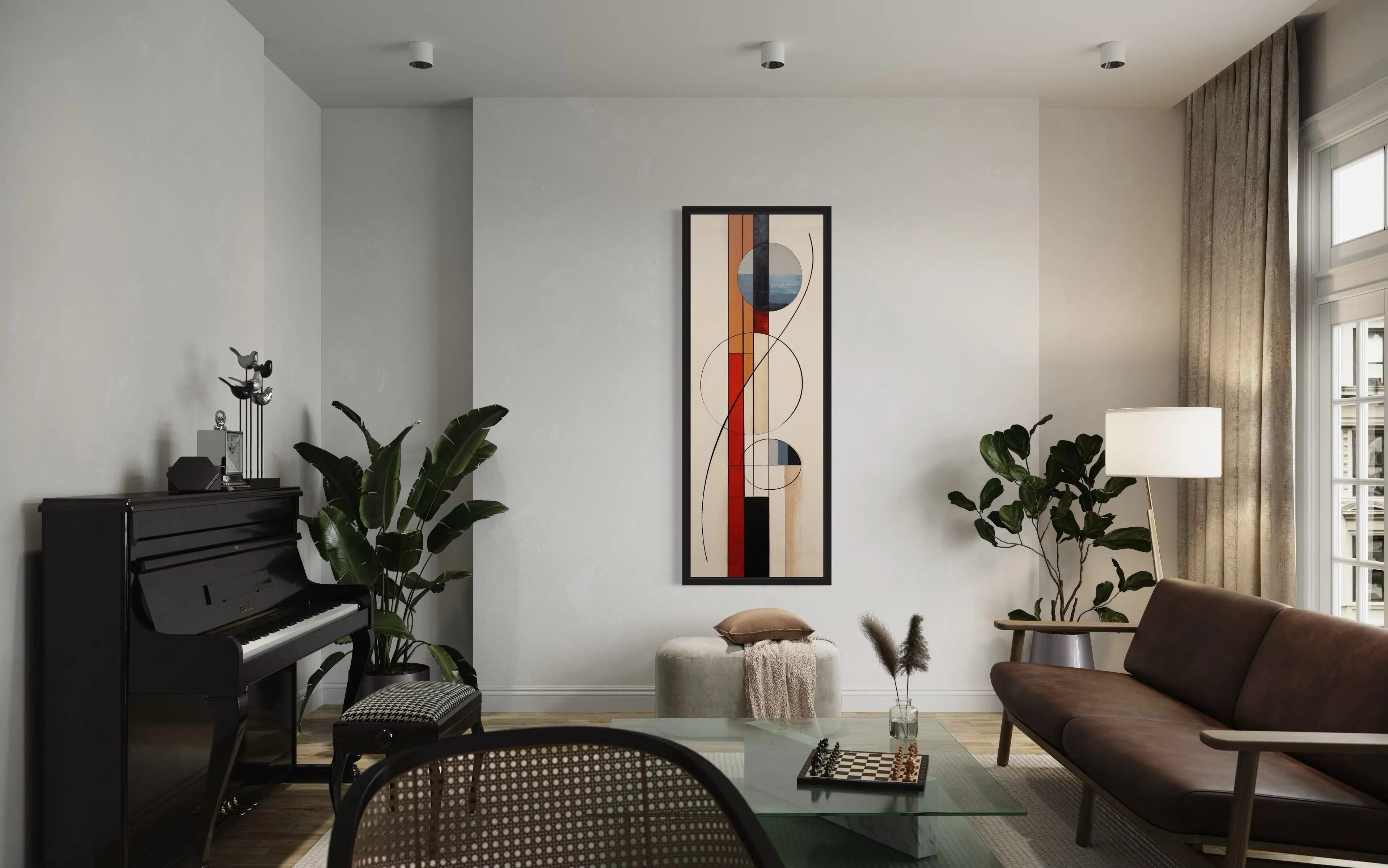 Mid Century Modern Beige Red Blue Geometric Tall Narrow Framed Canvas Wall Art
