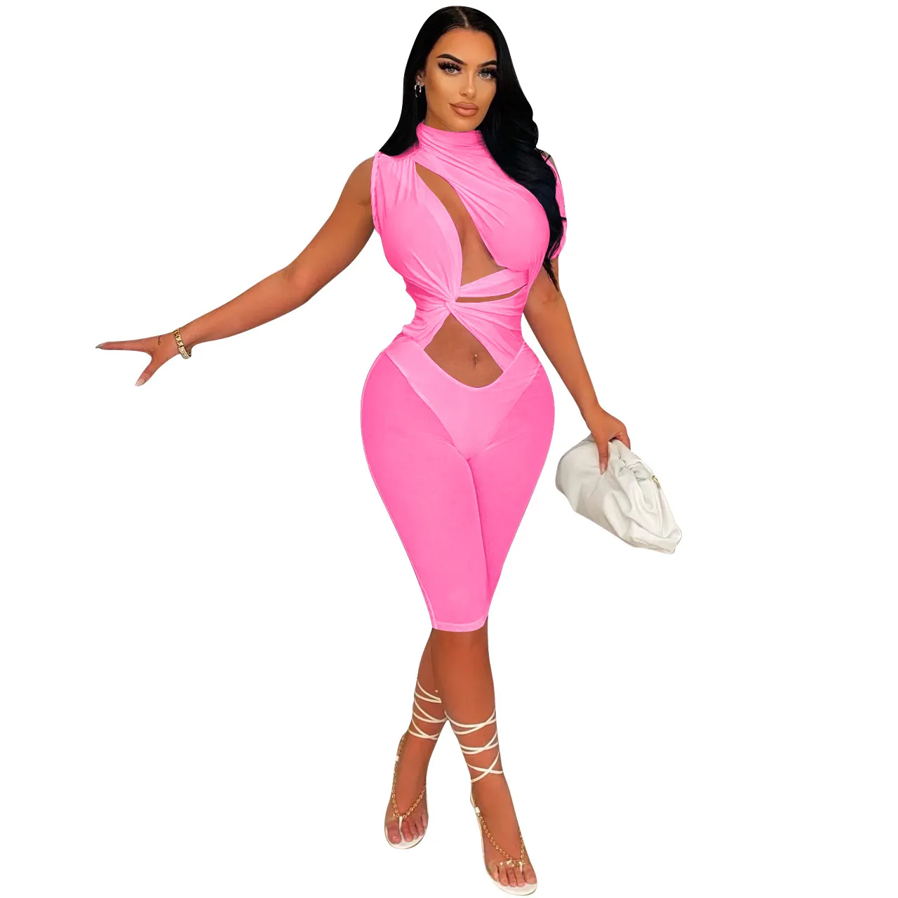 Midnight Mirage Cutout High-Neck Biker Romper