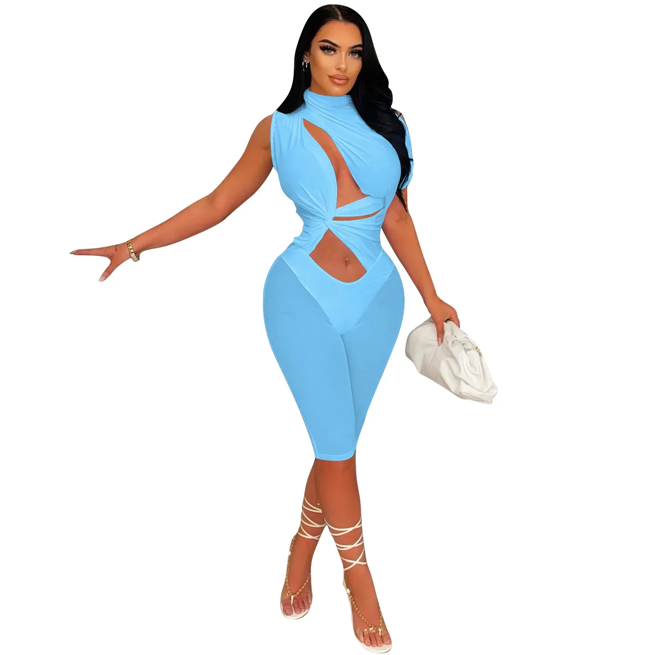 Midnight Mirage Cutout High-Neck Biker Romper