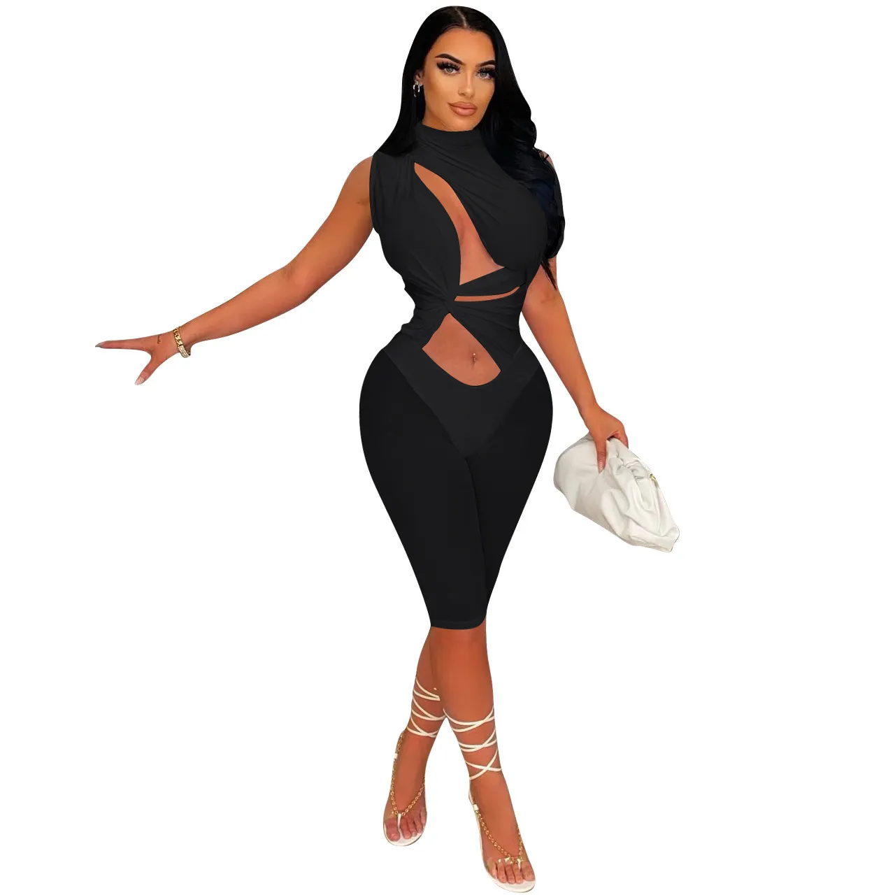 Midnight Mirage Cutout High-Neck Biker Romper
