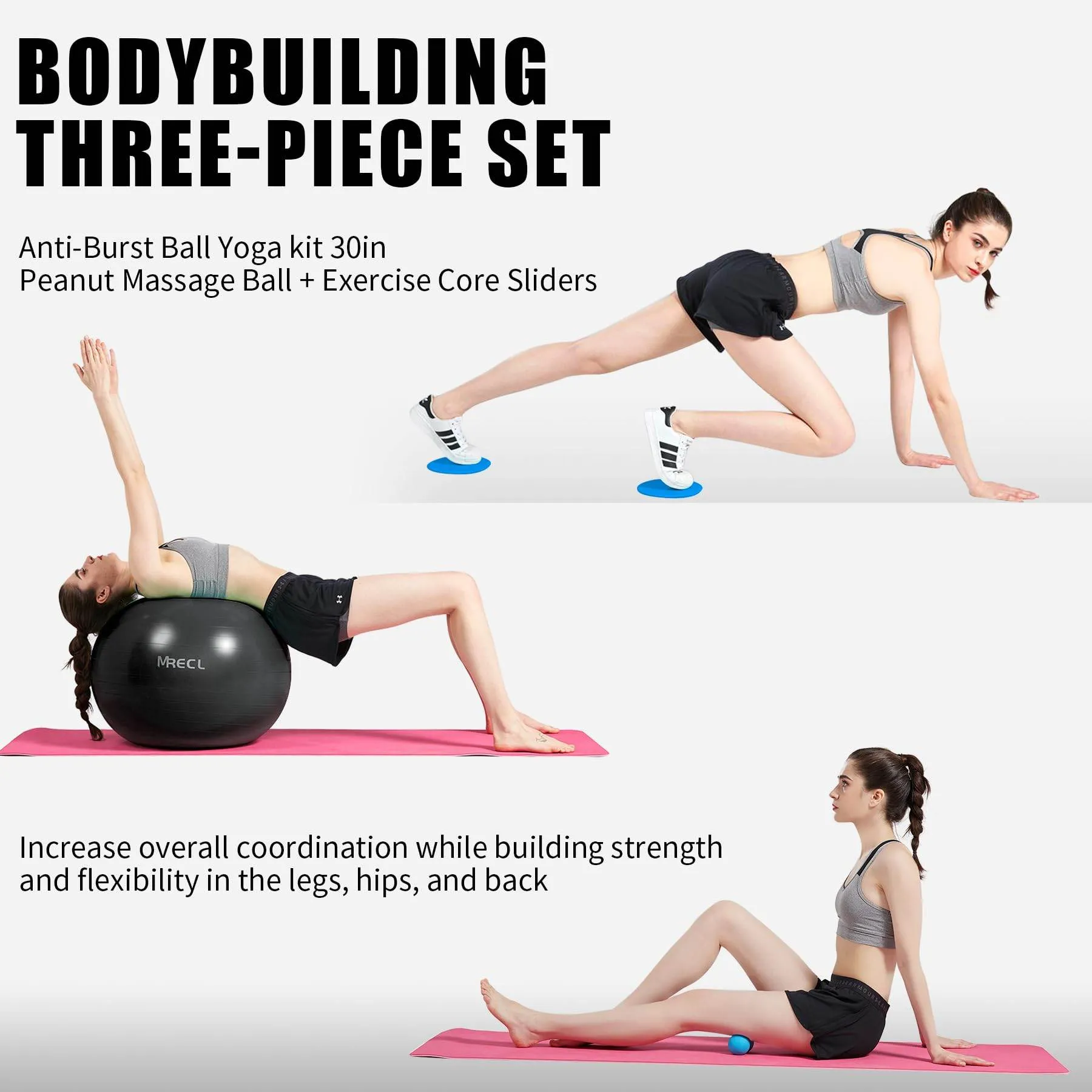 MRELC Ball Yoga kit 30in Anti-Burst with Peanut Massage Ball - Exercise Core Sliders - Slip Resistant Stability Balance Ball for Fitness, Pilater&Yoga - with Quick Pump (Black)