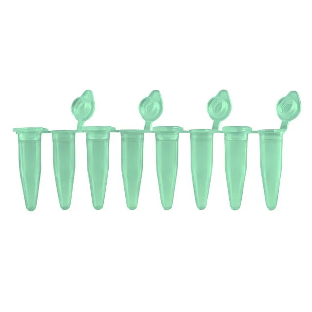 MTC Bio P3010-A-G PCR 8-Strips. 0.2mL with Attached Individual Flat Caps, Green, 120/pk