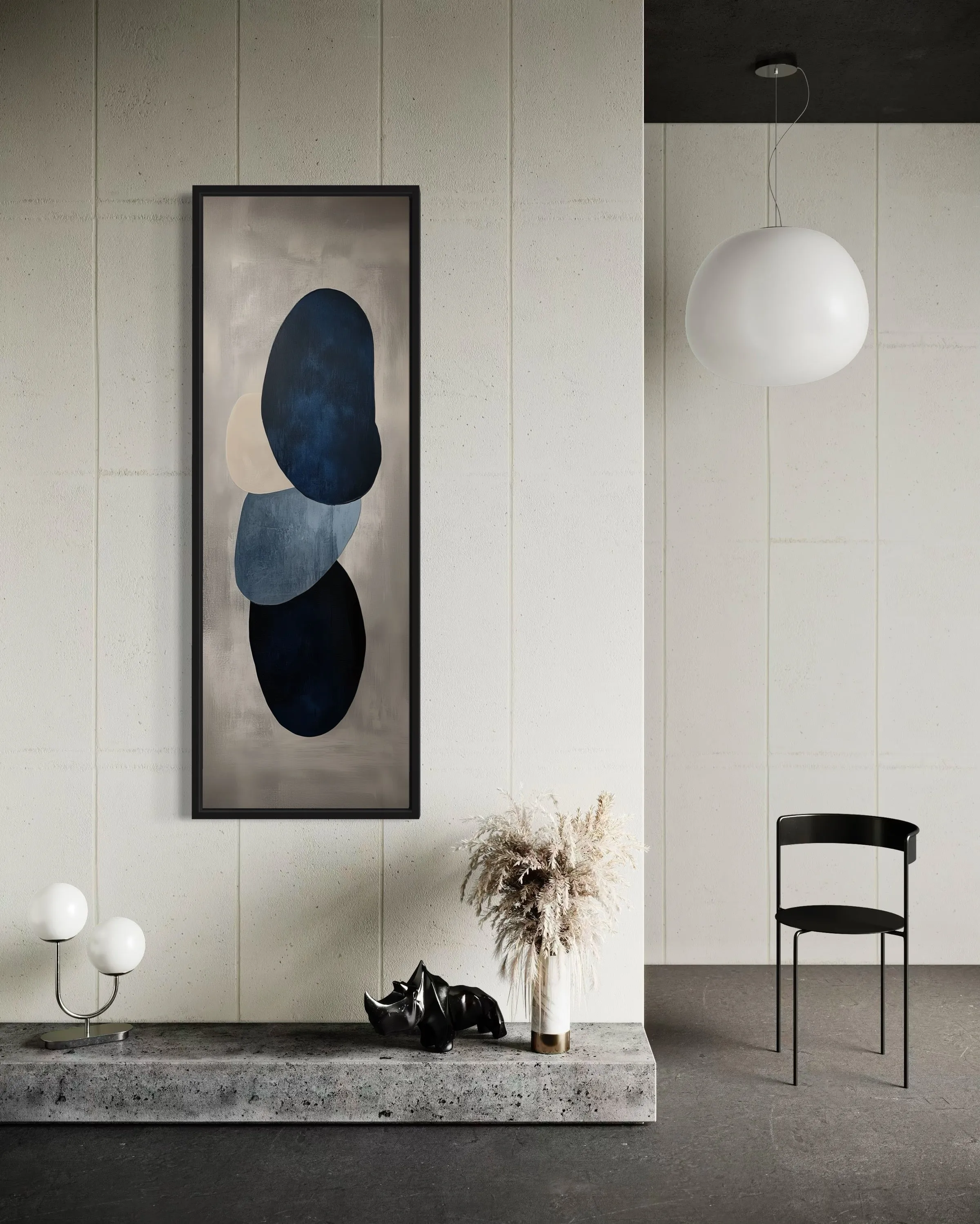 Navy Blue Grey Beige Shapes Vertical Narrow Canvas Wall Art