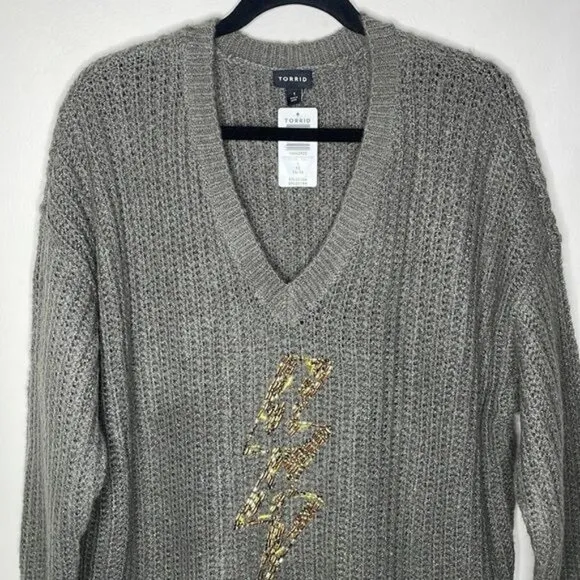 NWT Torrid Size 1X Gray Lightning Bolt Slouchy Tunic Chunky Knit Sweater $76