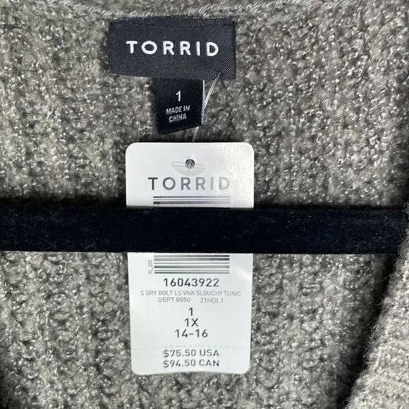 NWT Torrid Size 1X Gray Lightning Bolt Slouchy Tunic Chunky Knit Sweater $76