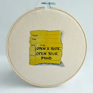 Open a book, open your mind - library card original vinyl hoop art