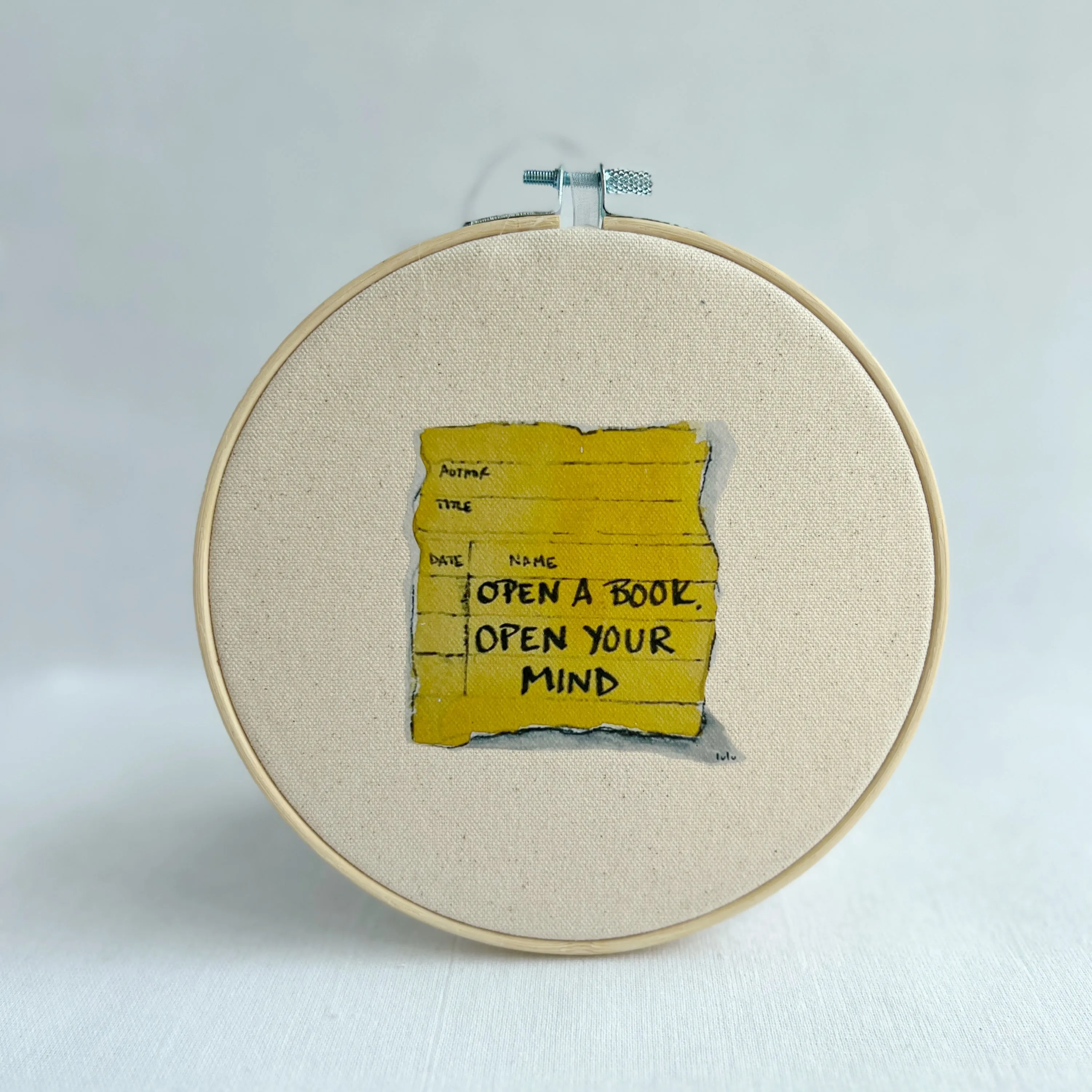 Open a book, open your mind - library card original vinyl hoop art