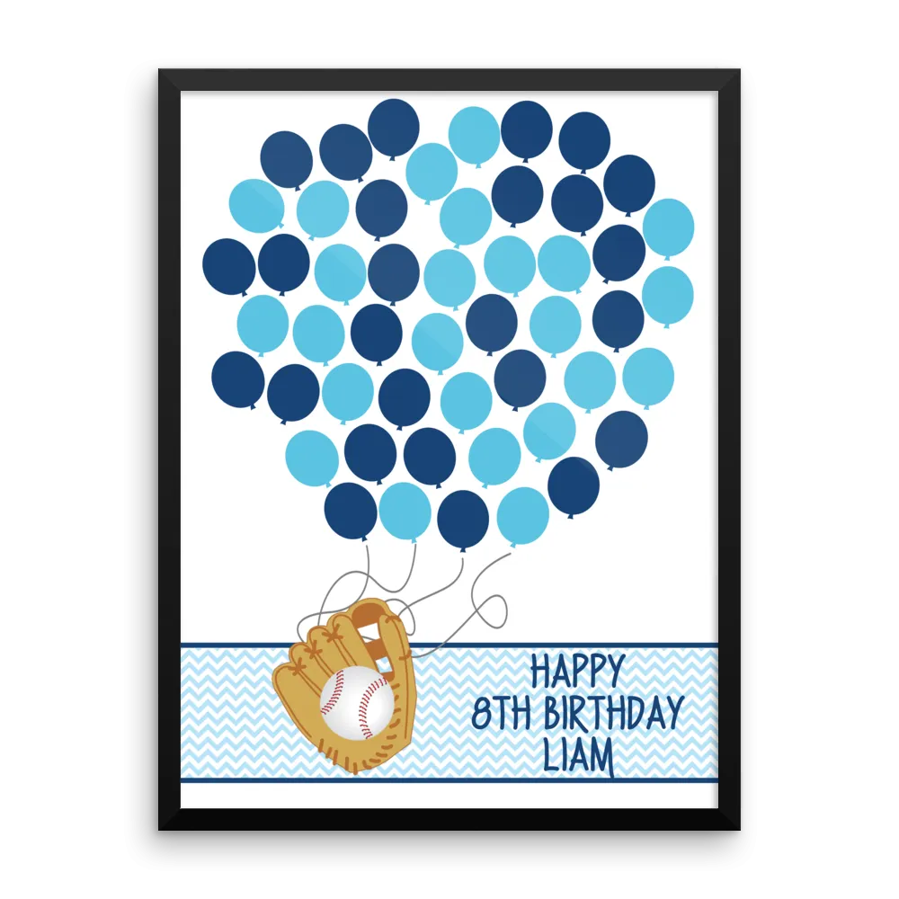 Personalized Birthday Guest Book Alternative - Baseball Glove Balloons - Customized Poster, Print, Framed or Canvas, 50 Signatures