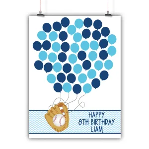 Personalized Birthday Guest Book Alternative - Baseball Glove Balloons - Customized Poster, Print, Framed or Canvas, 50 Signatures