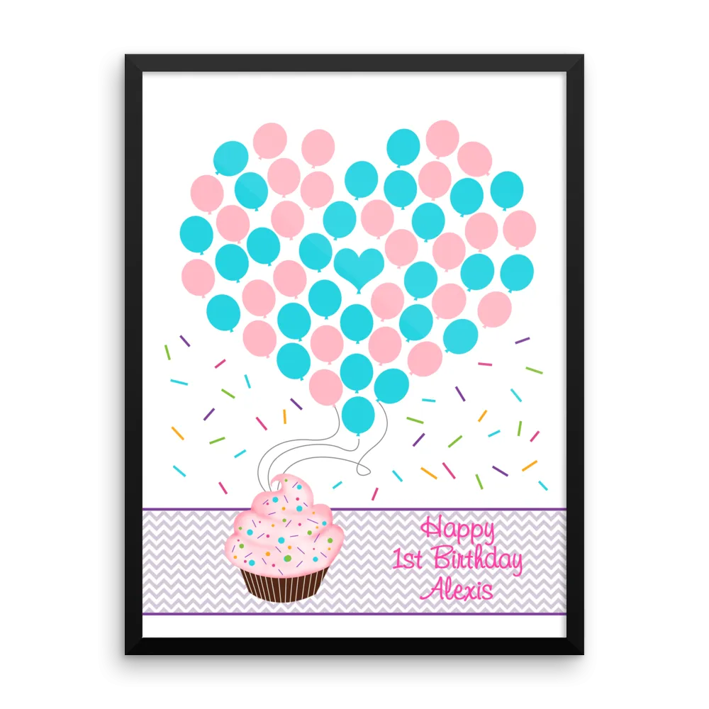 Personalized Birthday Guest Book Alternative - Cupcake Balloons - Customized Poster, Print, Framed or Canvas, 50 Signatures
