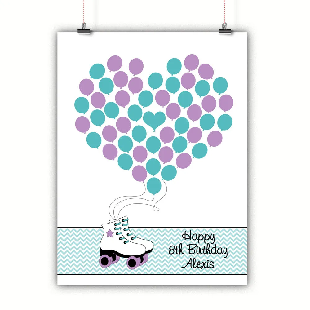 Personalized Birthday Guest Book Alternative - Roller Skate Balloons - Customized Poster, Print, Framed or Canvas, 50 Signatures