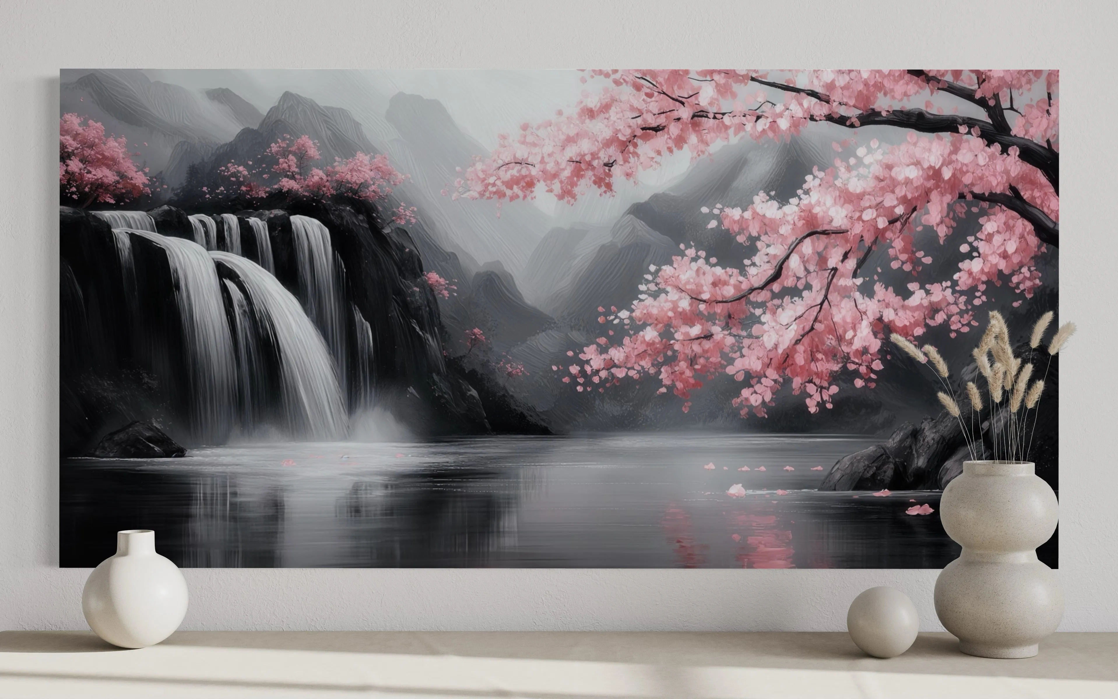 Pink Cherry Blossom And Grey Waterfall Framed Canvas Wall Art