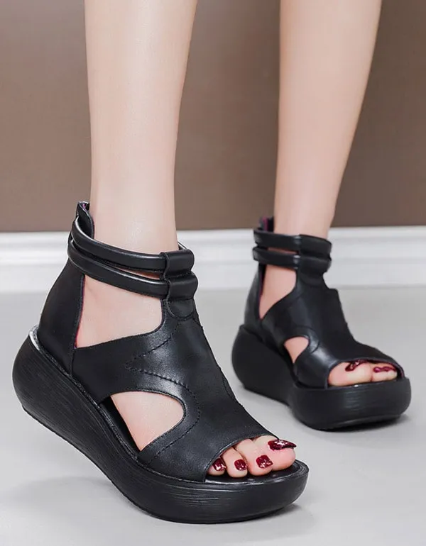 Retro Leather Open Toe Summer Wedge Sandals