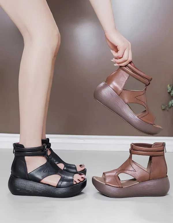 Retro Leather Open Toe Summer Wedge Sandals