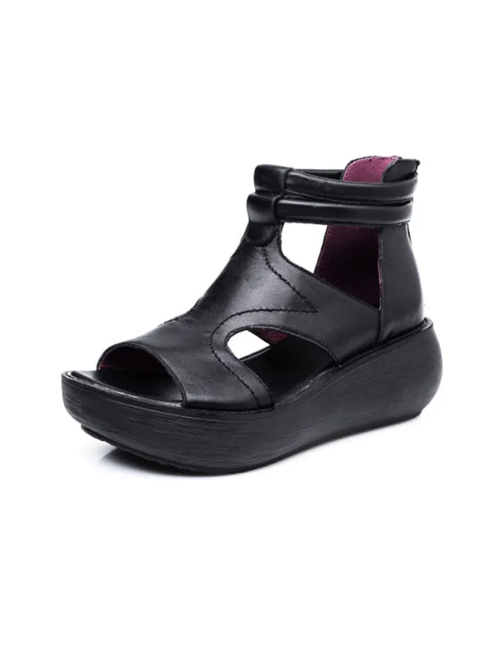 Retro Leather Open Toe Summer Wedge Sandals