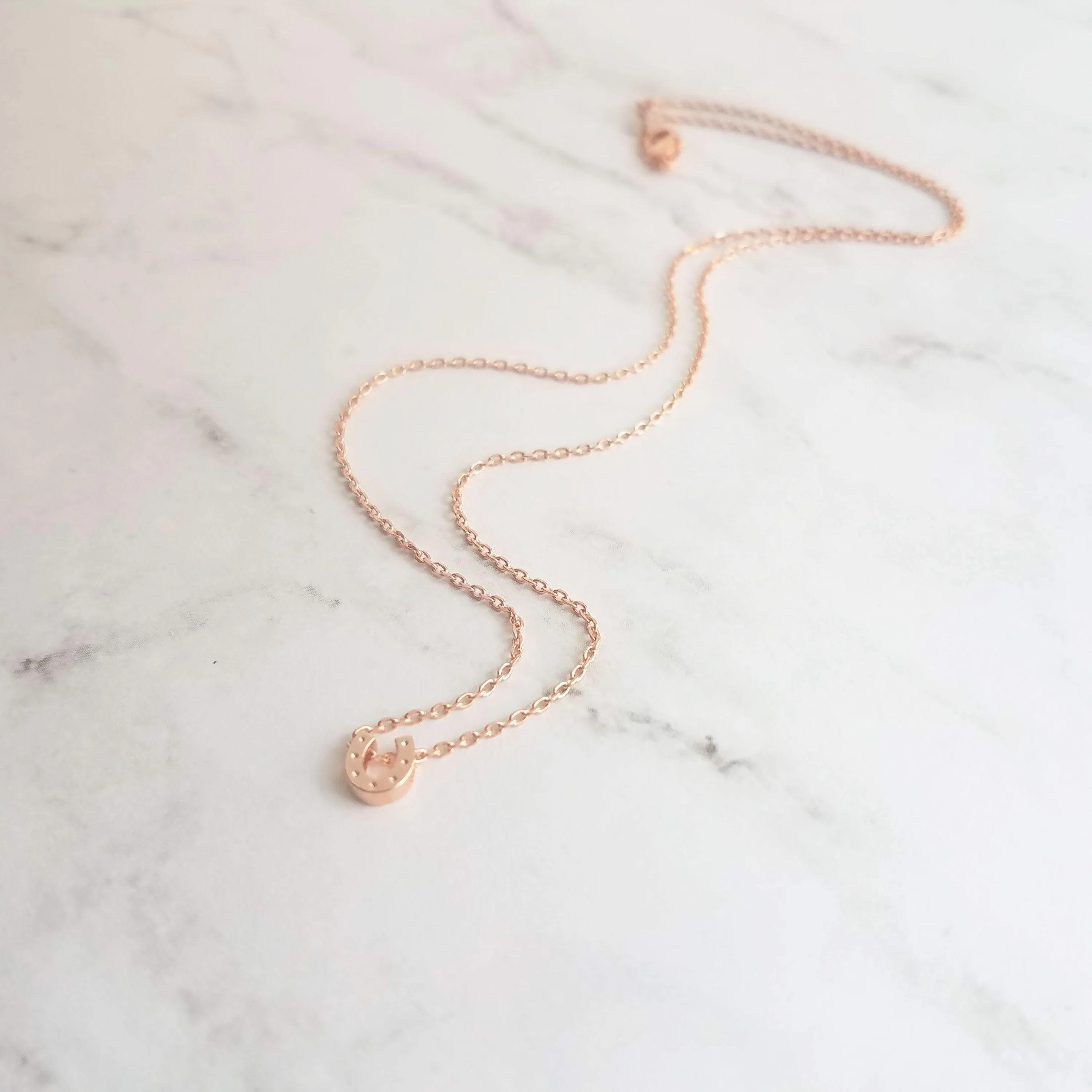 Rose Gold Horseshoe Necklace, delicate rose gold chain, horseshoe pendant, tiny horseshoe necklace, good luck charm small horse shoe pendant