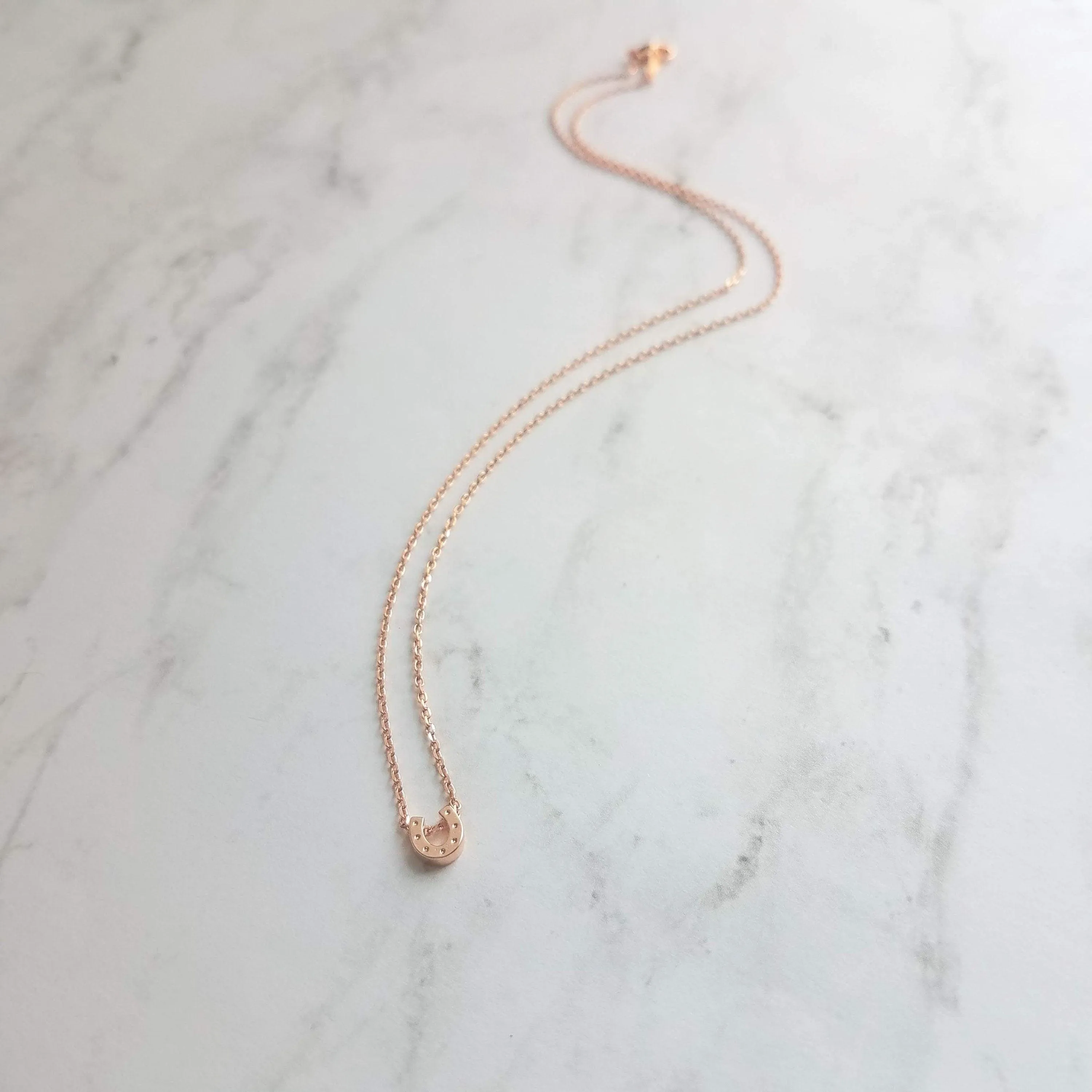 Rose Gold Horseshoe Necklace, delicate rose gold chain, horseshoe pendant, tiny horseshoe necklace, good luck charm small horse shoe pendant