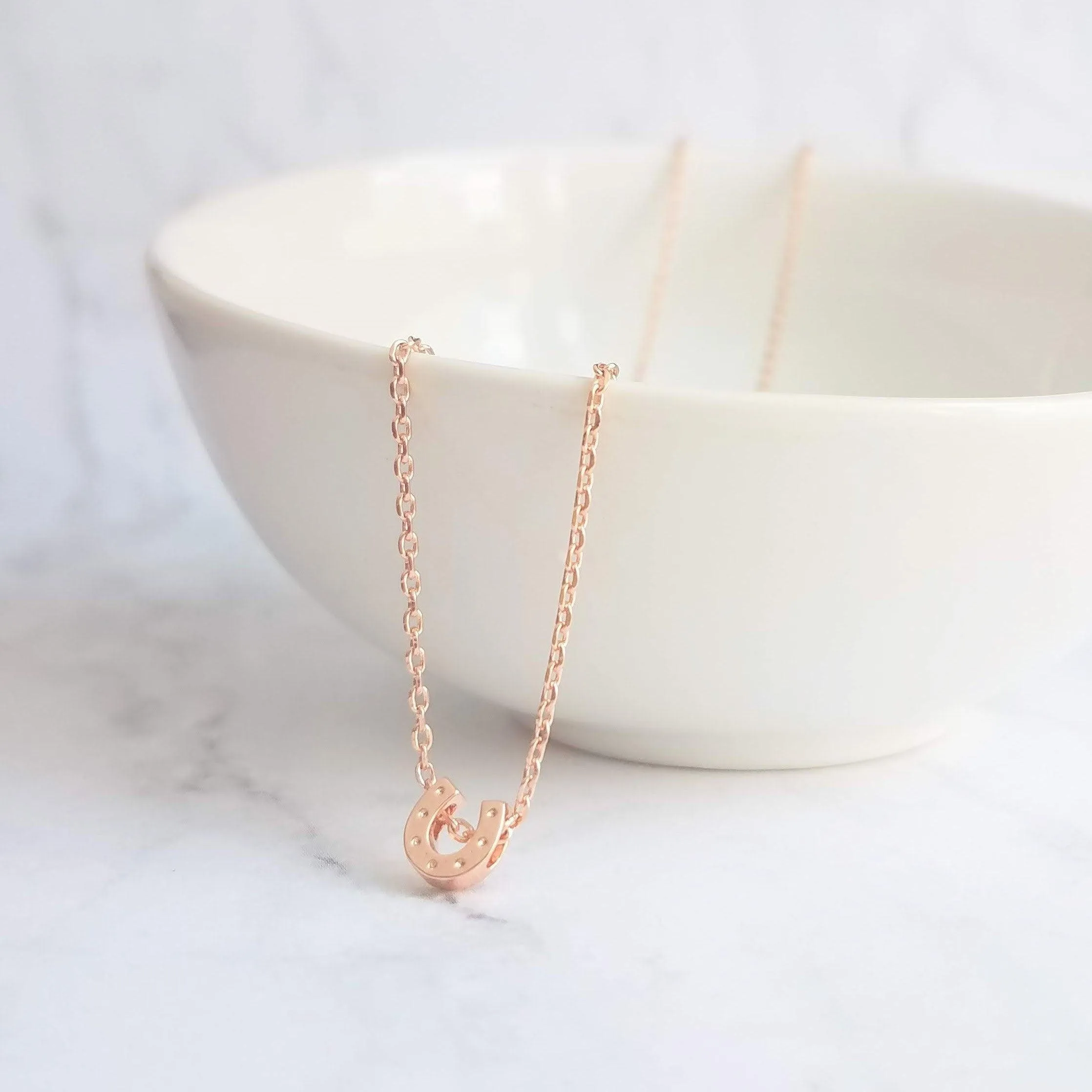 Rose Gold Horseshoe Necklace, delicate rose gold chain, horseshoe pendant, tiny horseshoe necklace, good luck charm small horse shoe pendant