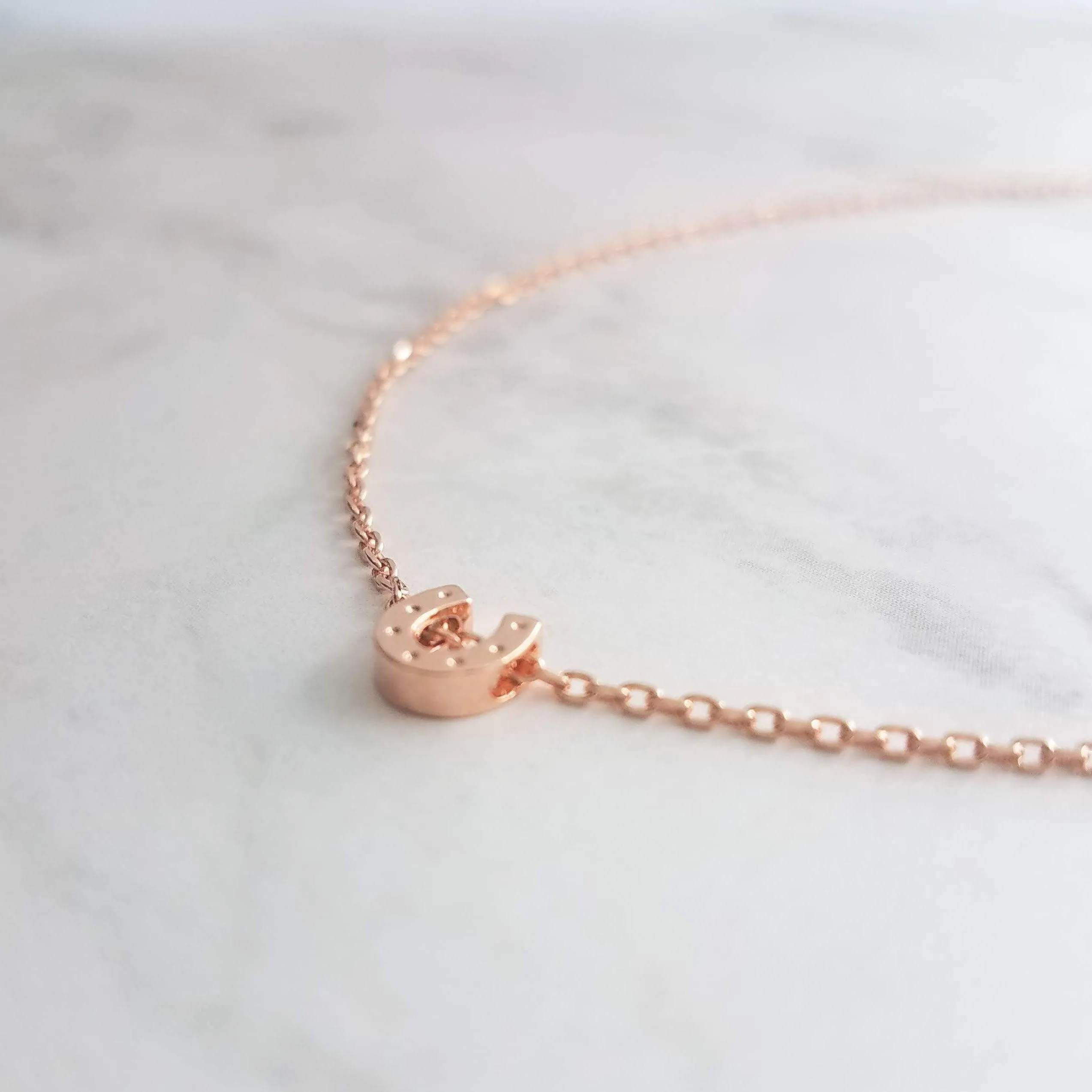 Rose Gold Horseshoe Necklace, delicate rose gold chain, horseshoe pendant, tiny horseshoe necklace, good luck charm small horse shoe pendant