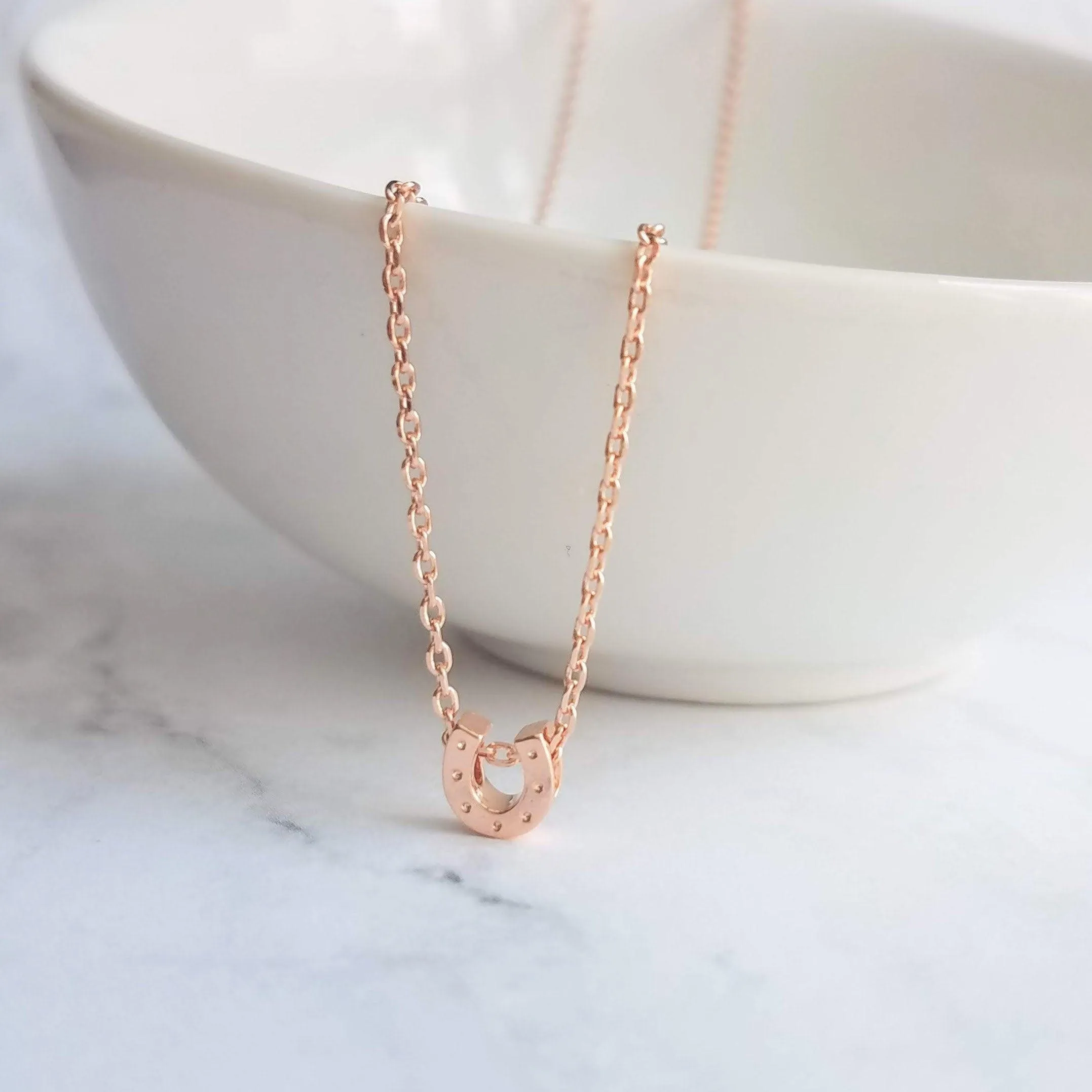 Rose Gold Horseshoe Necklace, delicate rose gold chain, horseshoe pendant, tiny horseshoe necklace, good luck charm small horse shoe pendant