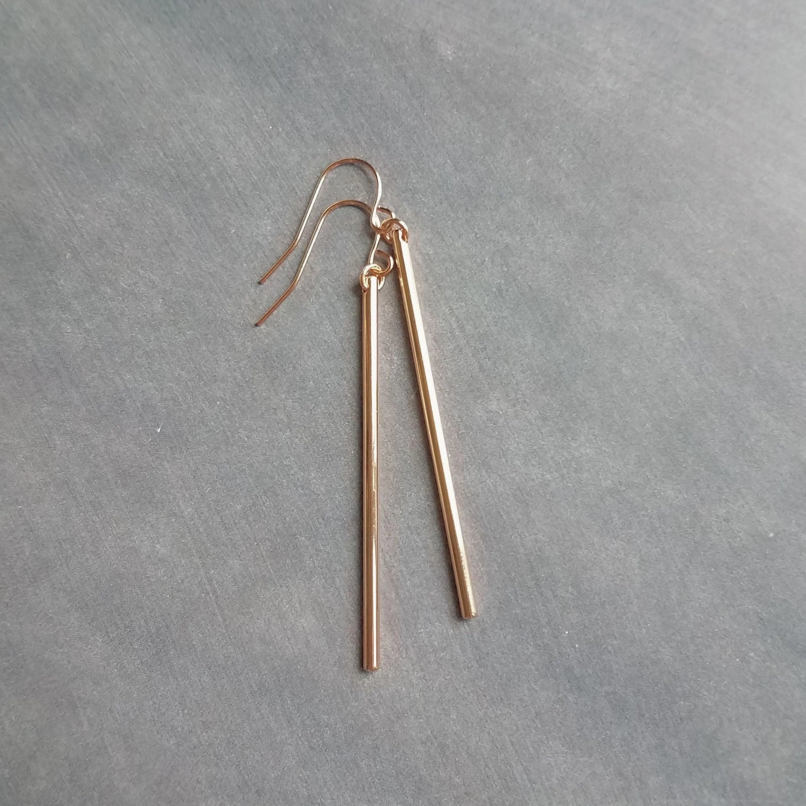 Rose Gold Stick Earrings, long thin bar earring, line earring, rose gold bar earring, long thin cylinder earring, long tube earring, modern