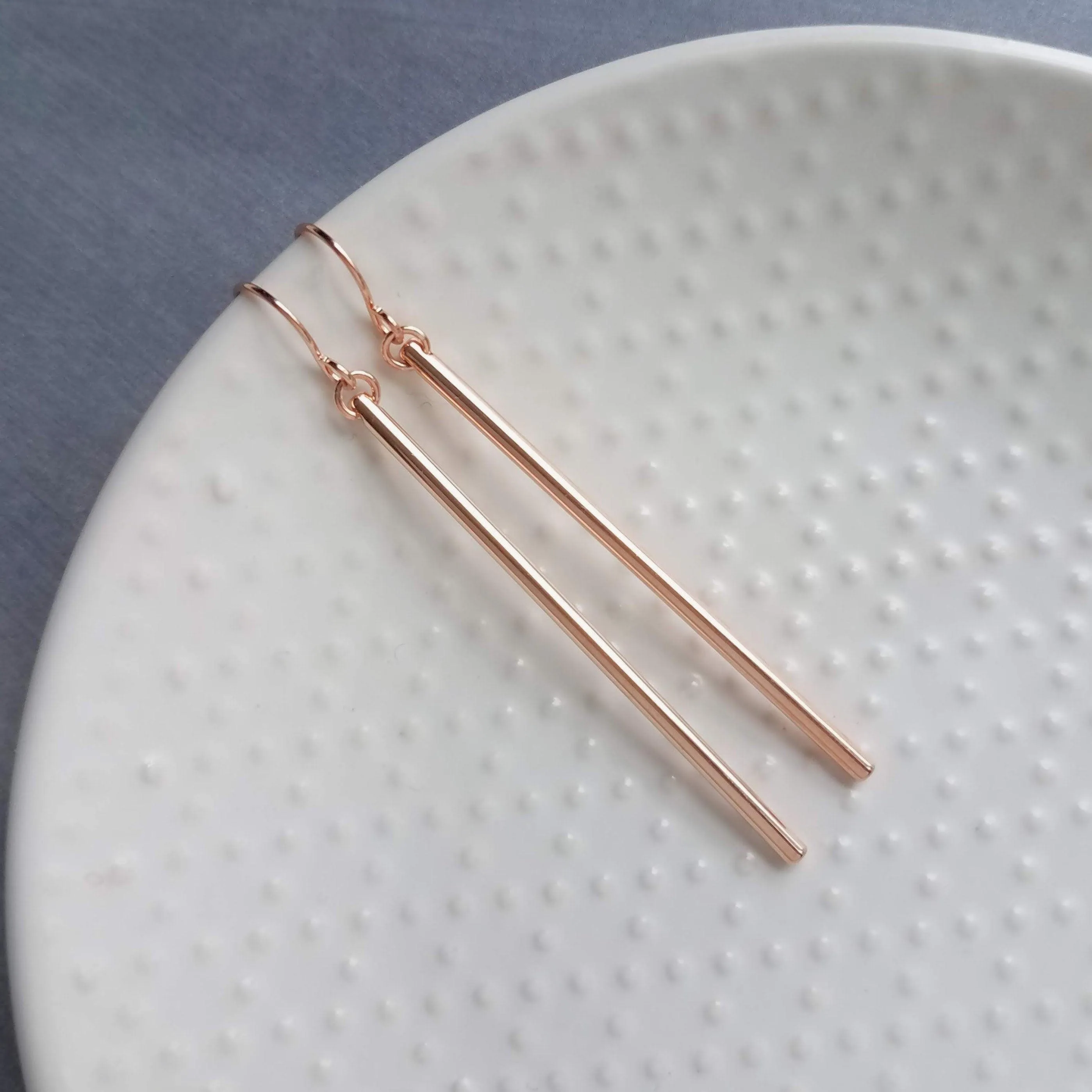 Rose Gold Stick Earrings, long thin bar earring, line earring, rose gold bar earring, long thin cylinder earring, long tube earring, modern