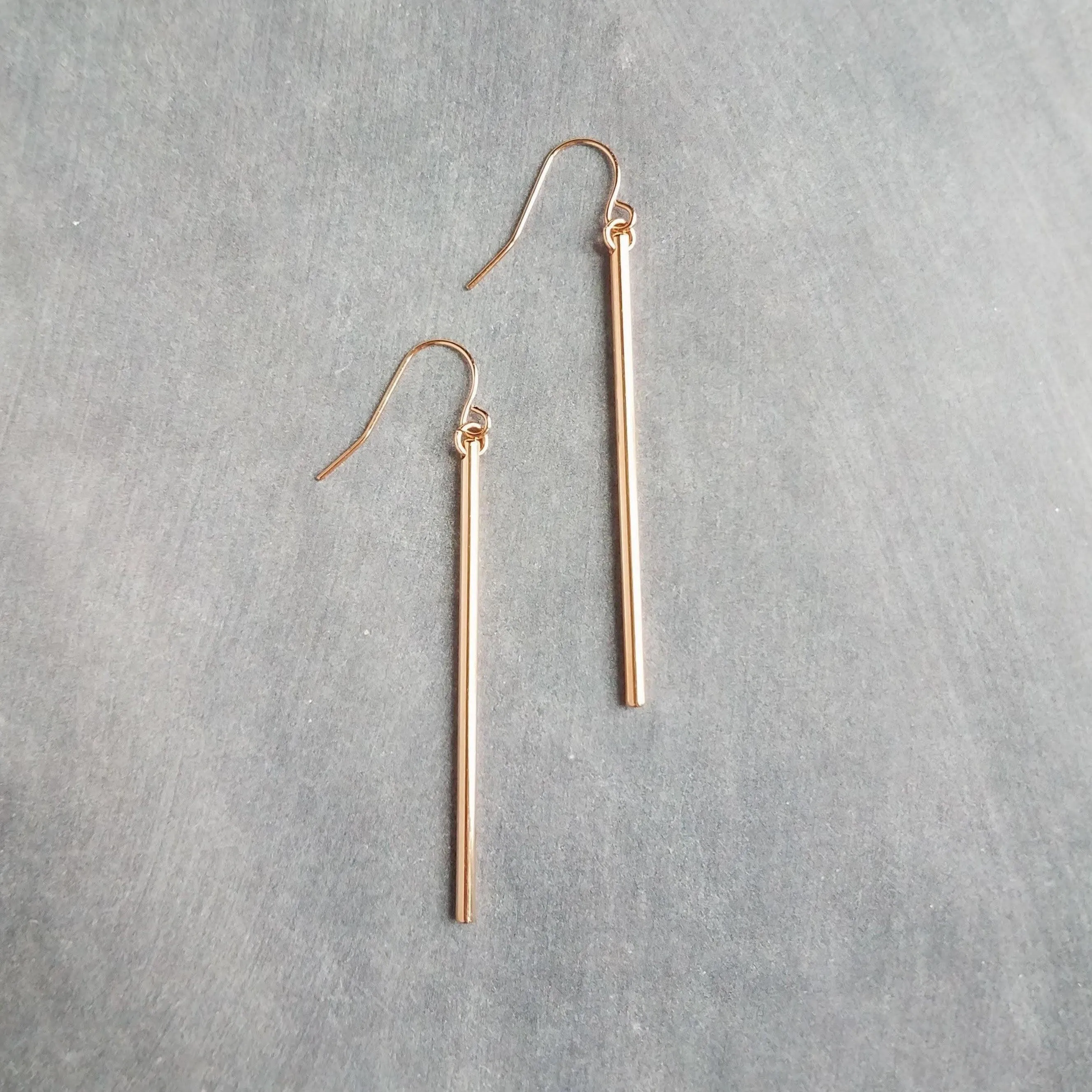 Rose Gold Stick Earrings, long thin bar earring, line earring, rose gold bar earring, long thin cylinder earring, long tube earring, modern