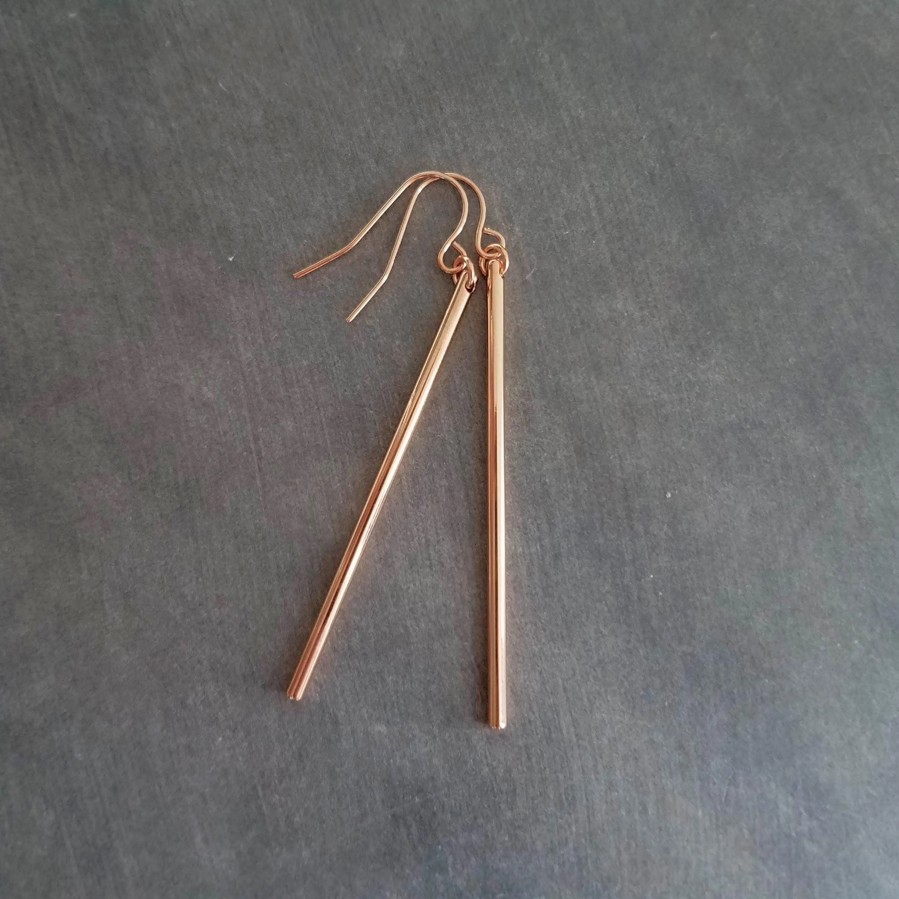 Rose Gold Stick Earrings, long thin bar earring, line earring, rose gold bar earring, long thin cylinder earring, long tube earring, modern