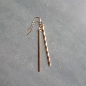 Rose Gold Stick Earrings, long thin bar earring, line earring, rose gold bar earring, long thin cylinder earring, long tube earring, modern