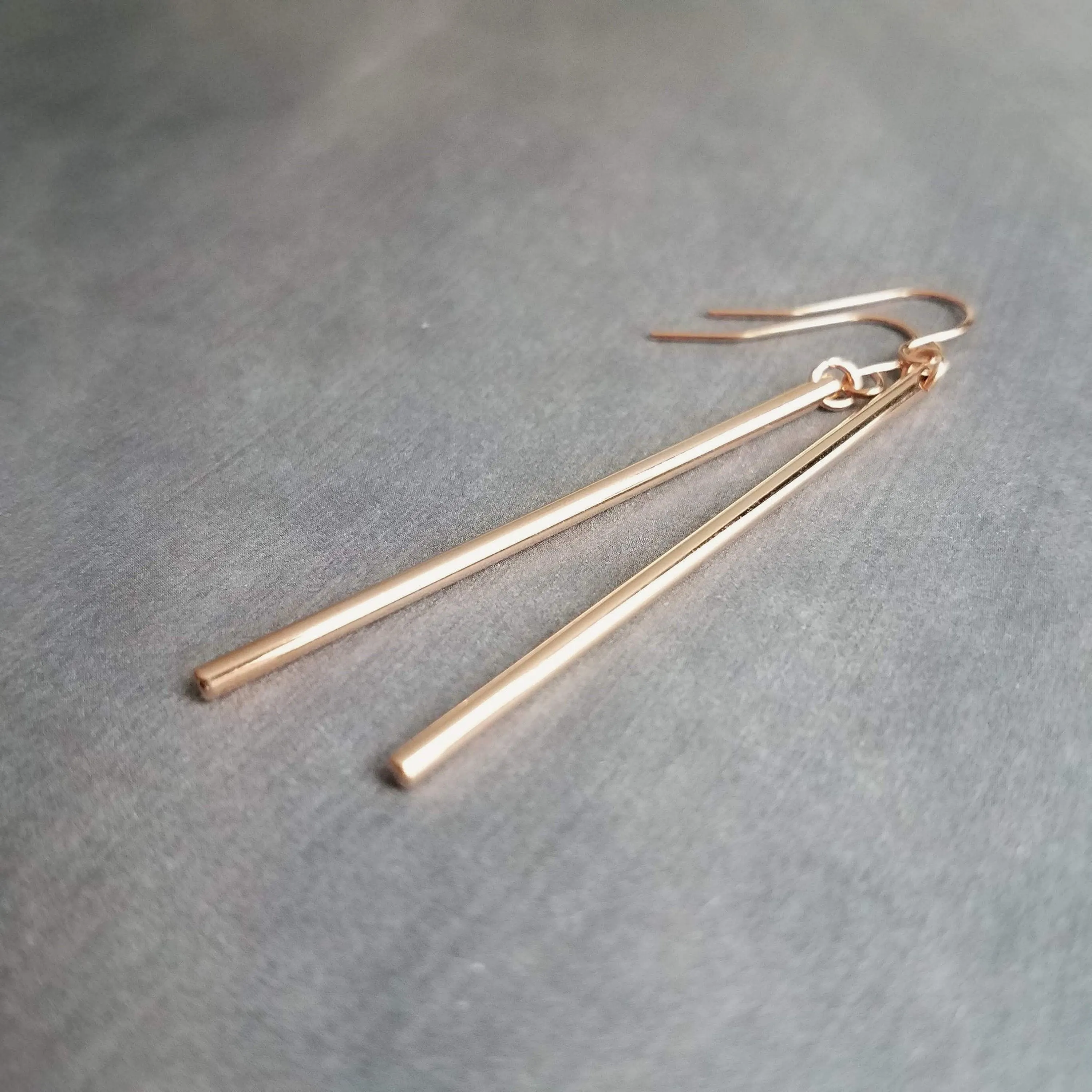 Rose Gold Stick Earrings, long thin bar earring, line earring, rose gold bar earring, long thin cylinder earring, long tube earring, modern