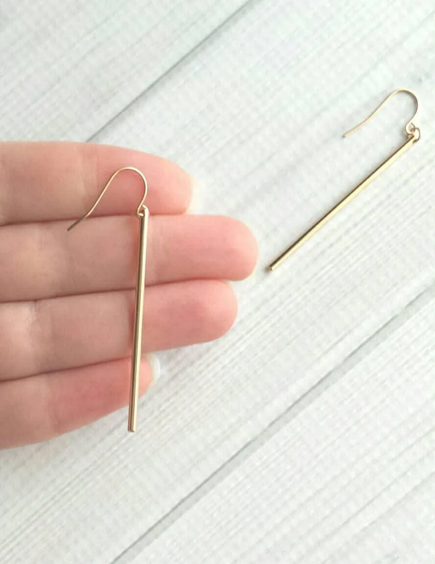 Rose Gold Stick Earrings, long thin bar earring, line earring, rose gold bar earring, long thin cylinder earring, long tube earring, modern