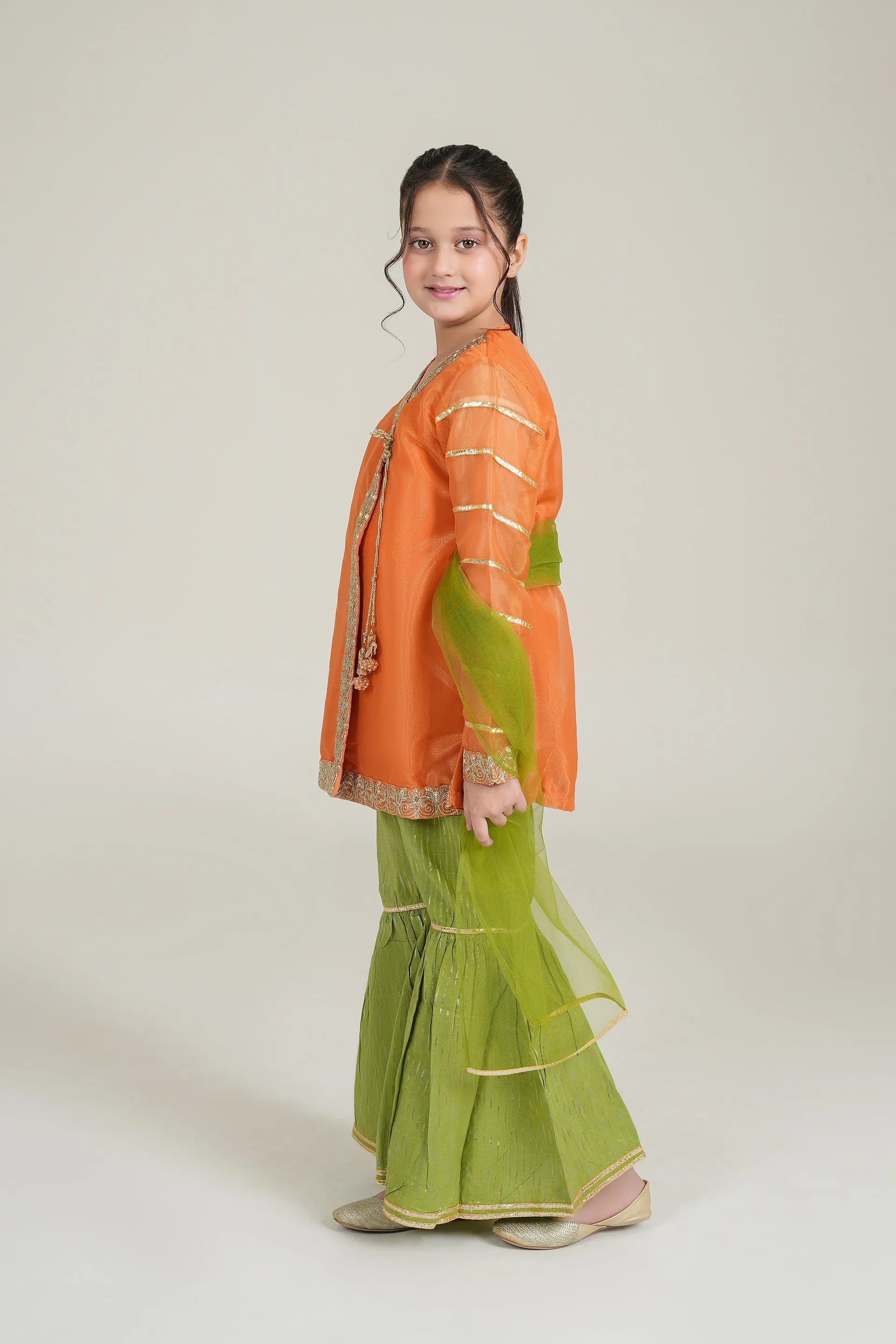 RUST GREEN ANGRAKHA GARARA SUIT SET WITH TILLA & GOTTA WORK