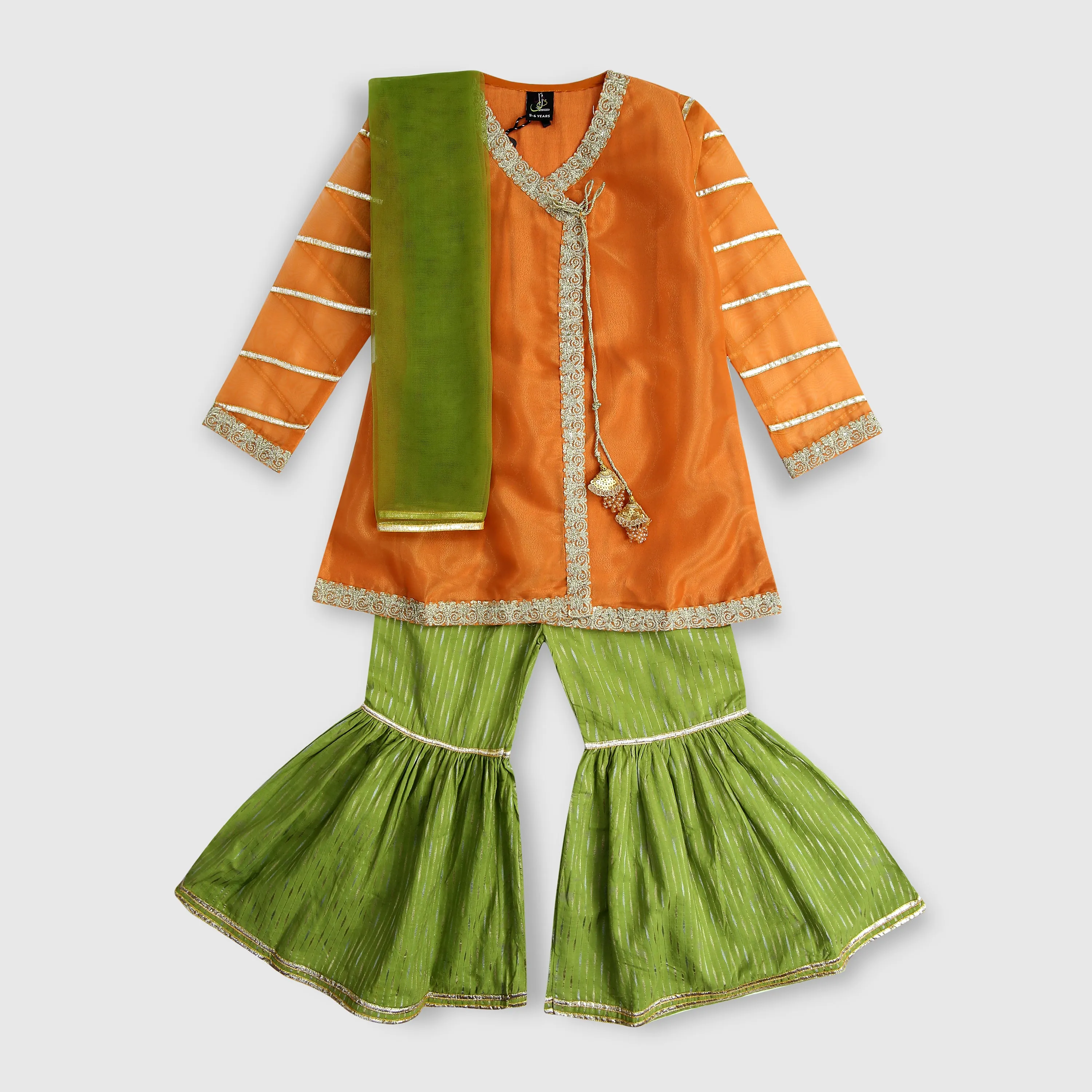 RUST GREEN ANGRAKHA GARARA SUIT SET WITH TILLA & GOTTA WORK