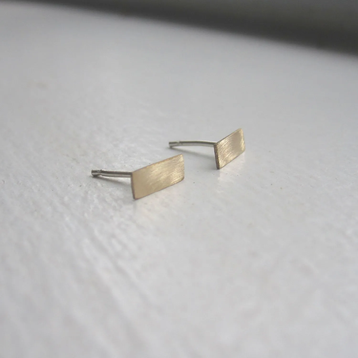 Short Flat Teeny Tiny Skinny Brass Thin Rectangle Bar Stud Earrings - 0119
