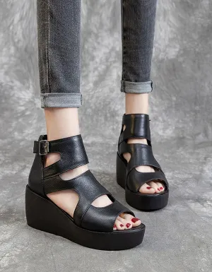 Summer Leather Open Toe Black Wedge Sandals 42