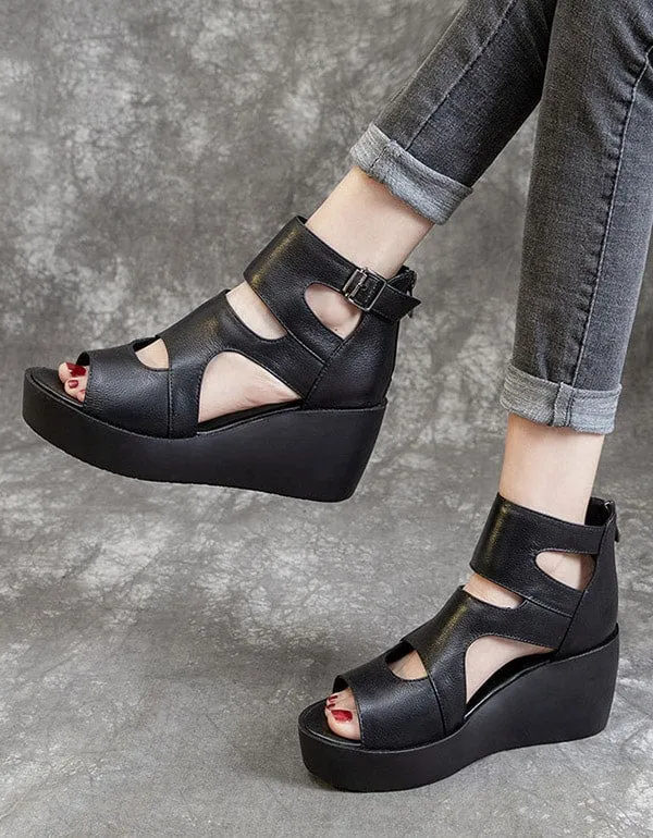 Summer Leather Open Toe Black Wedge Sandals 42