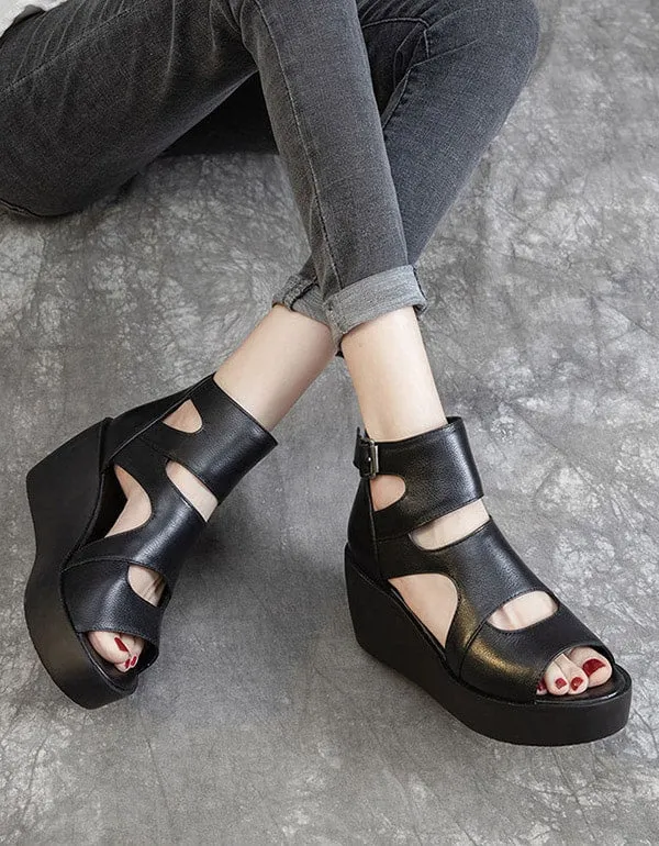 Summer Leather Open Toe Black Wedge Sandals 42