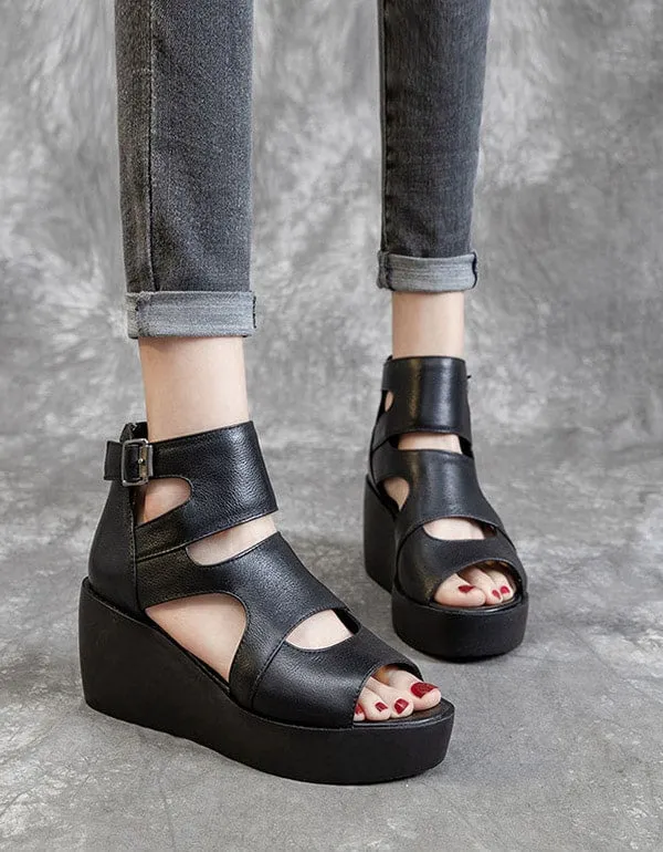 Summer Leather Open Toe Black Wedge Sandals 42